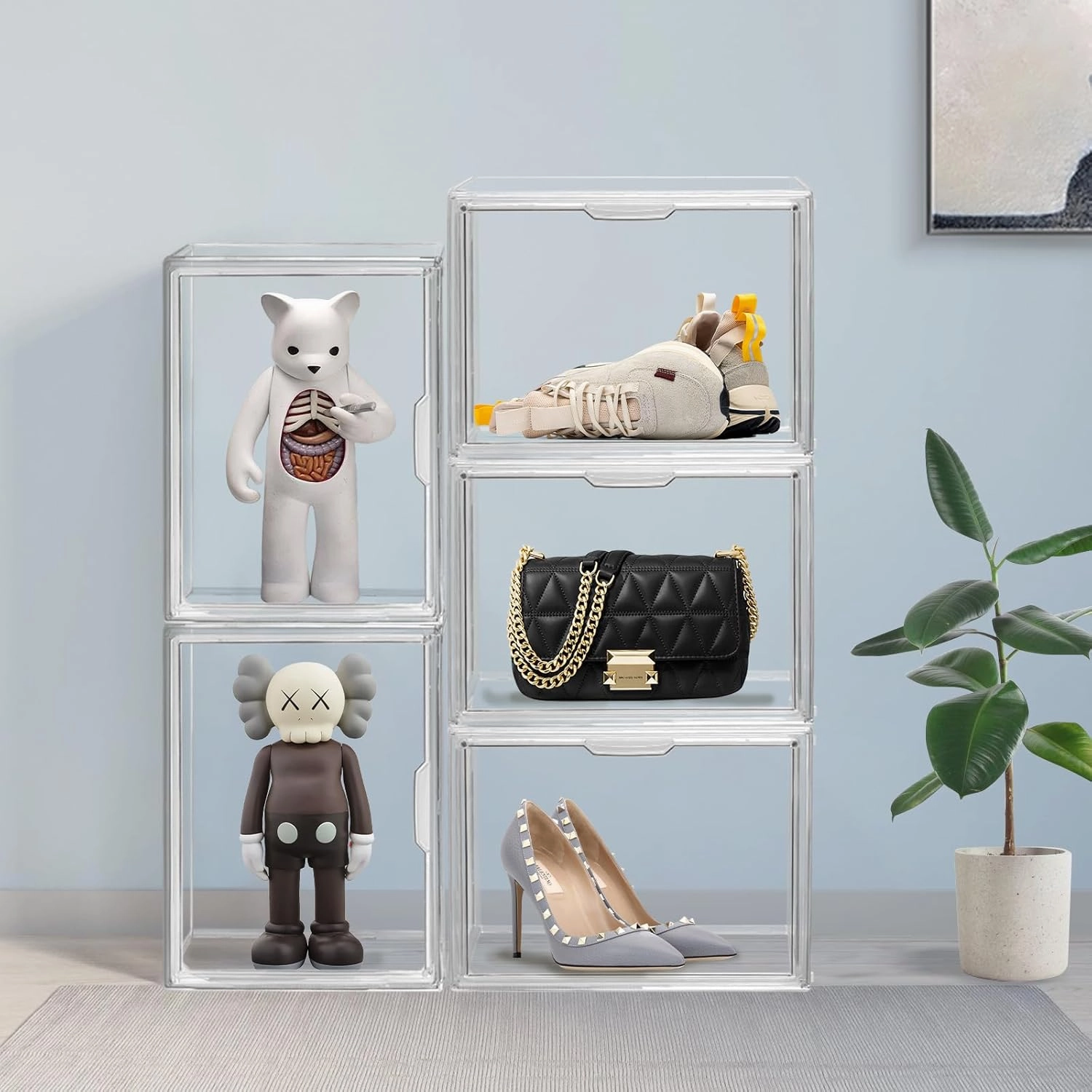3PCS Clear Display Case, Clear Stackable Plastic Storage Bins, Storage Box with Magnetic Door for Autographed Footballs, Memorabilia, Bag, Shoe, Models, Toy, Action Figure Organizer