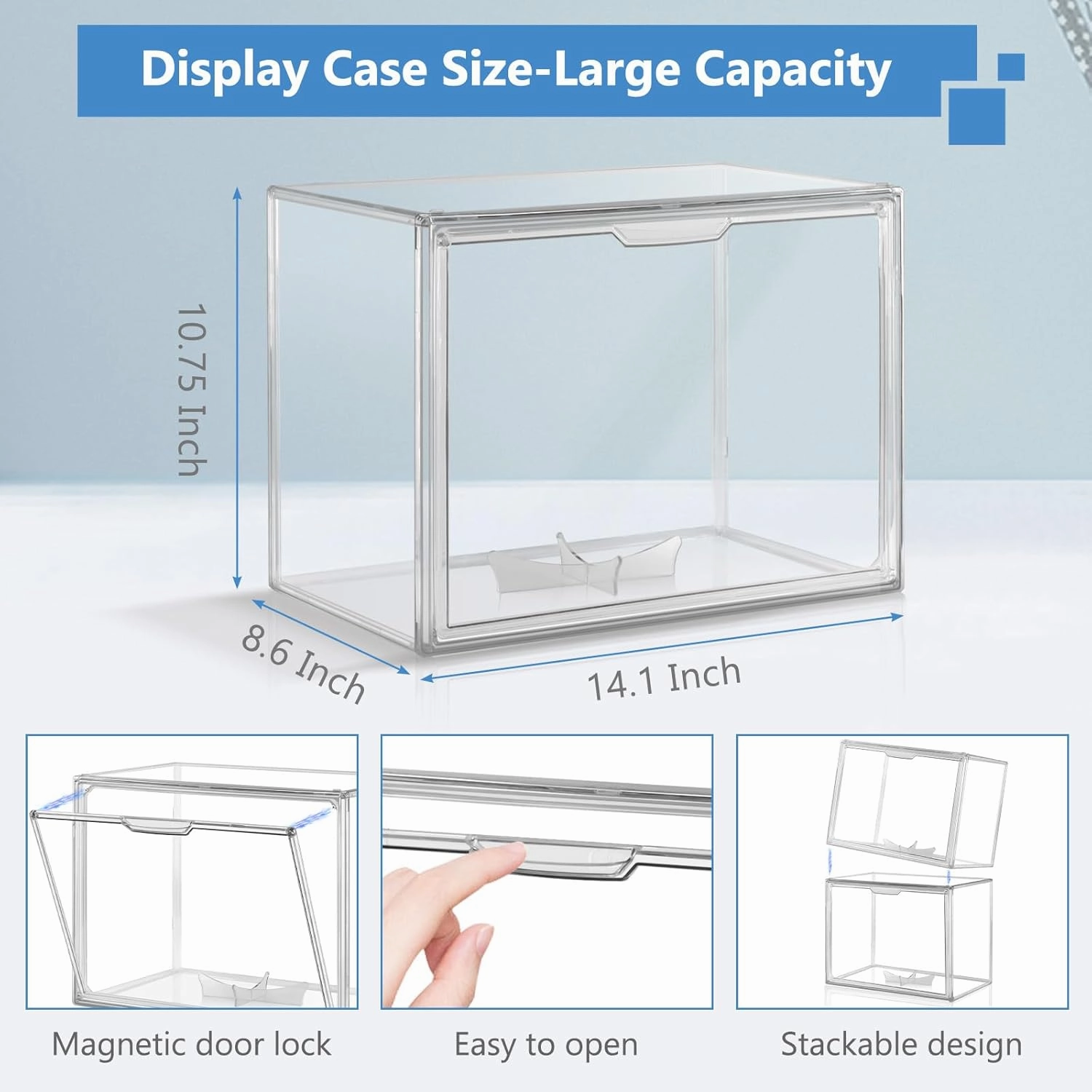3PCS Clear Display Case, Clear Stackable Plastic Storage Bins, Storage Box with Magnetic Door for Autographed Footballs, Memorabilia, Bag, Shoe, Models, Toy, Action Figure Organizer
