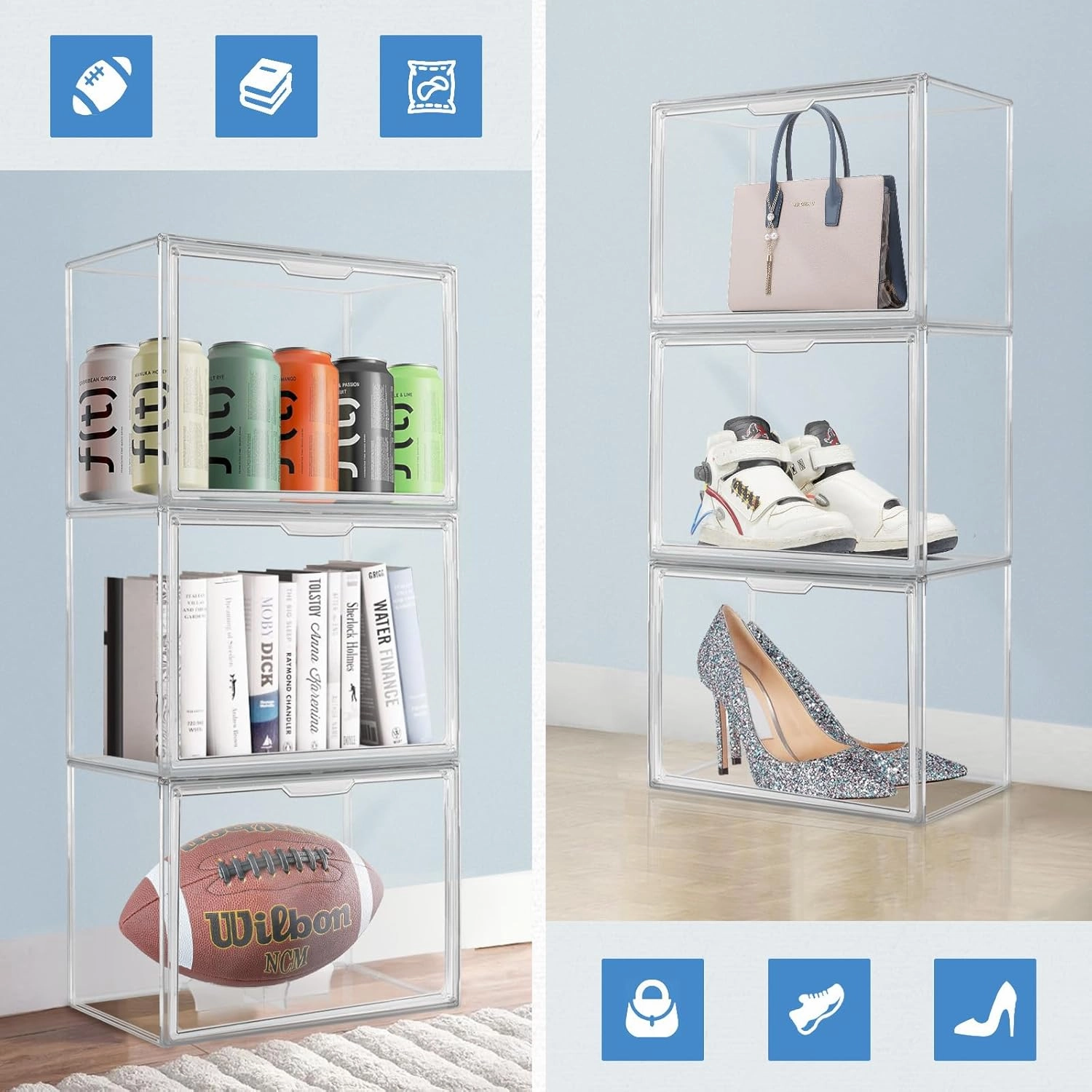 3PCS Clear Display Case, Clear Stackable Plastic Storage Bins, Storage Box with Magnetic Door for Autographed Footballs, Memorabilia, Bag, Shoe, Models, Toy, Action Figure Organizer