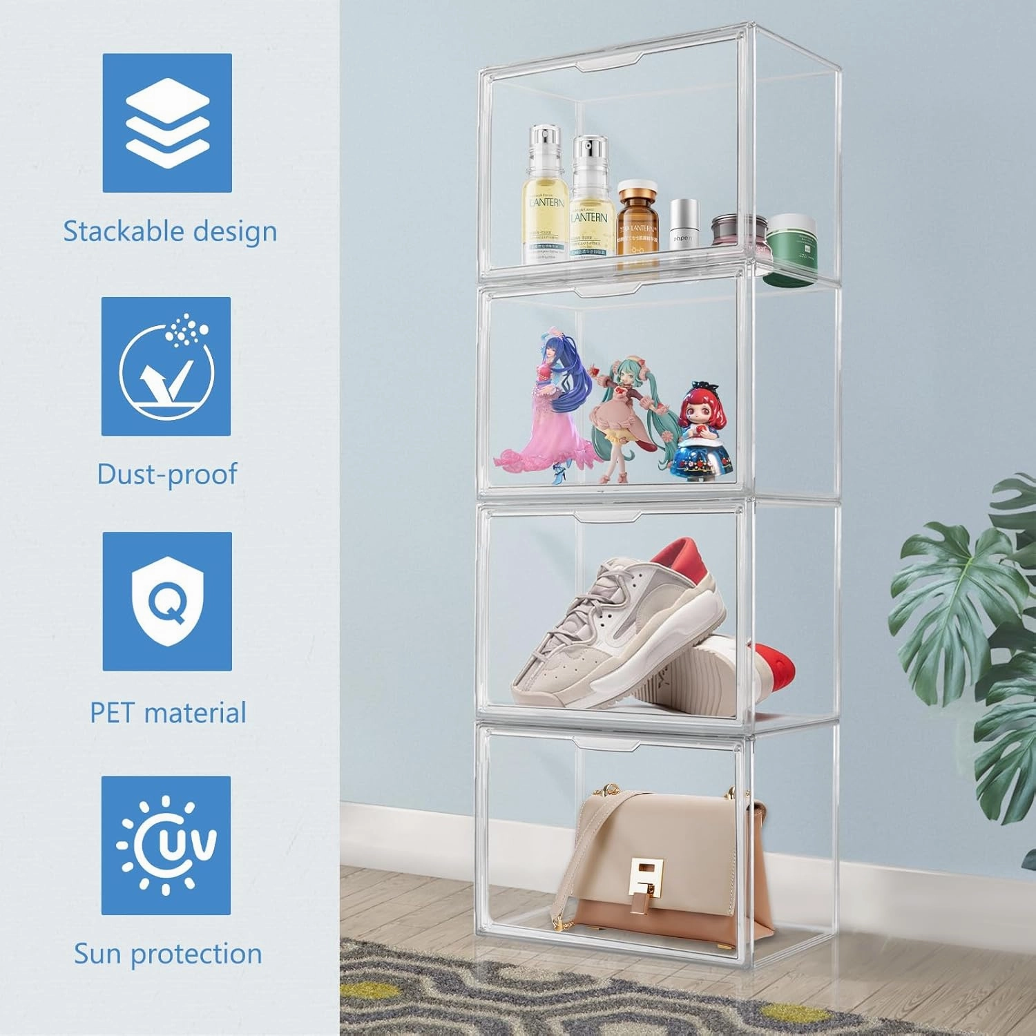 3PCS Clear Display Case, Clear Stackable Plastic Storage Bins, Storage Box with Magnetic Door for Autographed Footballs, Memorabilia, Bag, Shoe, Models, Toy, Action Figure Organizer