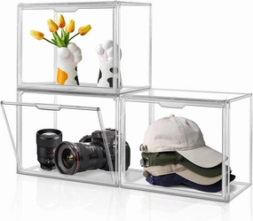 3PCS Clear Display Case, Clear Stackable Plastic Storage Bins, Storage Box with Magnetic Door for Autographed Footballs, Memorabilia, Bag, Shoe, Models, Toy, Action Figure Organizer