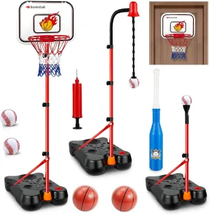 4 in 1 Kids Basketball Hoop and T Ball Set with 6 Balls, Adjustable Basketball Stand and Hanging Tee Baseball Sport Toy for Boys Girls Ages 2-8 Outdoor Indoor Basketball Toys Gifts