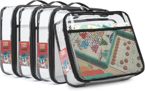 4-Pack Waterproof Toy Storage Organizer Bags | Clear PVC Zippered Bag, Toy Organize for Building Blocks, Puzzles, Board Games | Travel-Friendly with Name Tag & Mesh Pocket (Large, Black)
