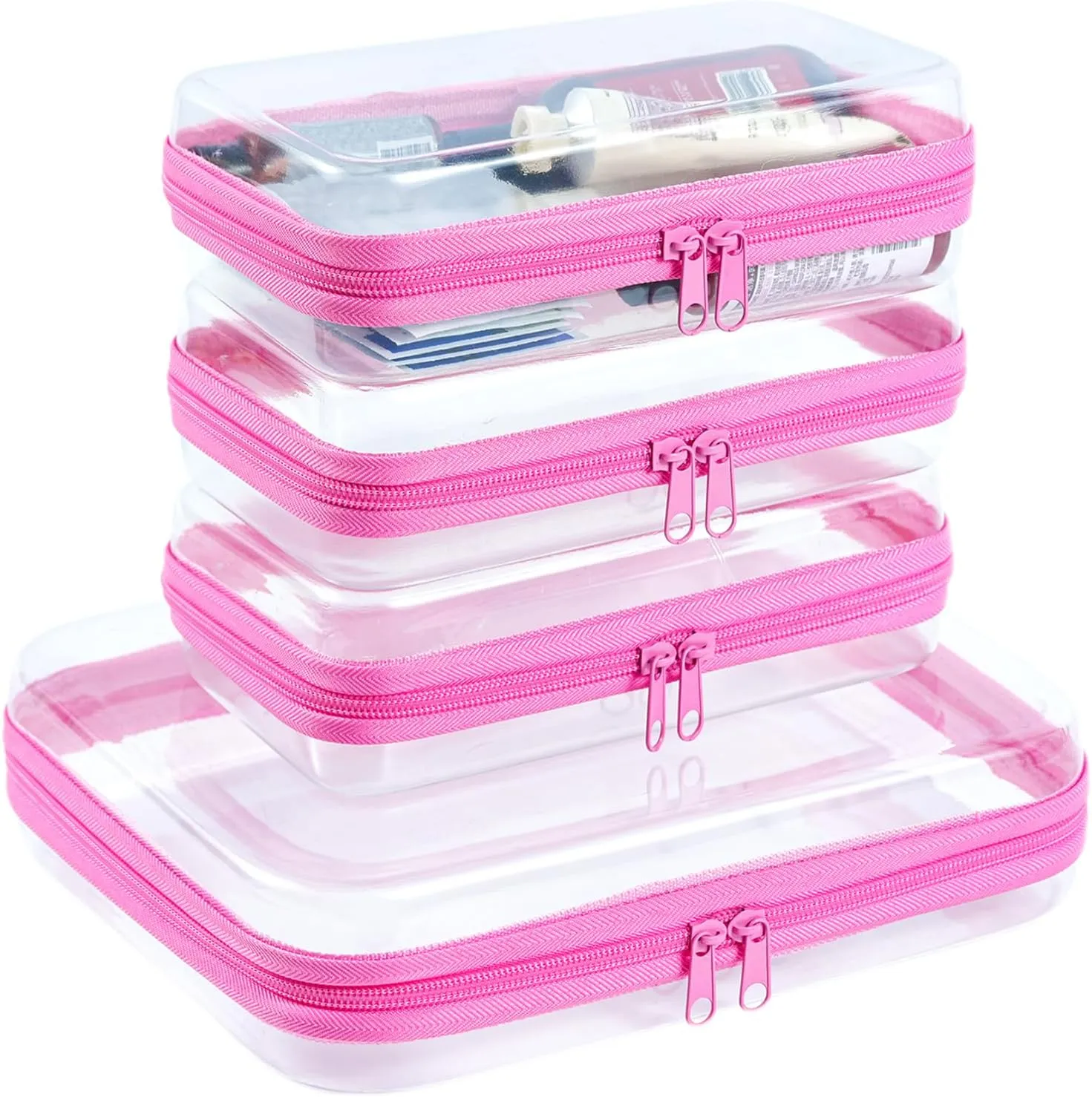 4 pcs Clear Hard Zipper Pouch Case for Storage, Stackable Waterproof Transparent CLear Zipper Bag, Toiletry Pouch, Travel Organizer, Clear Cosmetic Bag,Toy Storage Bins (M 3S Pink)