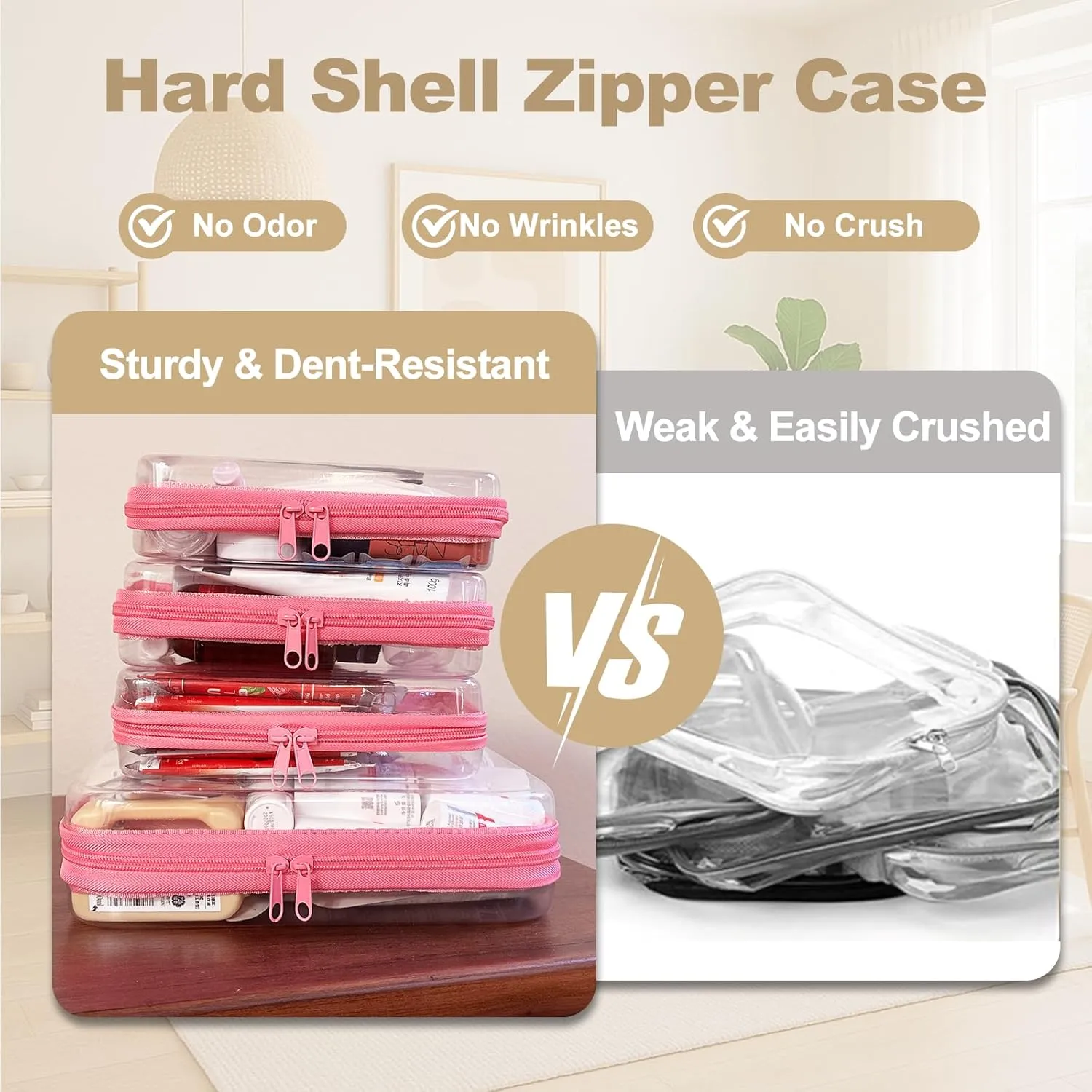 4 pcs Clear Hard Zipper Pouch Case for Storage, Stackable Waterproof Transparent CLear Zipper Bag, Toiletry Pouch, Travel Organizer, Clear Cosmetic Bag,Toy Storage Bins (M 3S Pink)