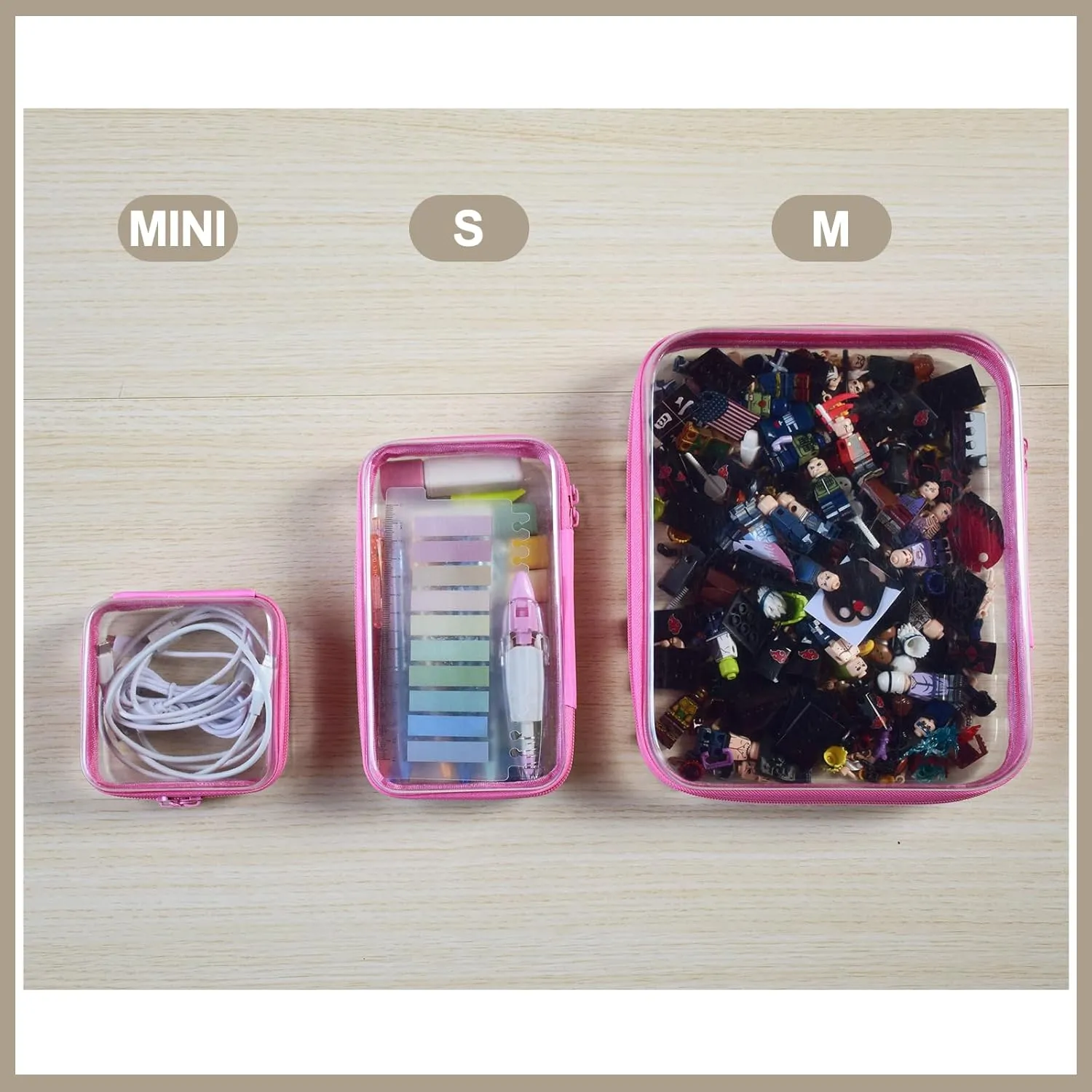 4 pcs Clear Hard Zipper Pouch Case for Storage, Stackable Waterproof Transparent CLear Zipper Bag, Toiletry Pouch, Travel Organizer, Clear Cosmetic Bag,Toy Storage Bins (M 3S Pink)