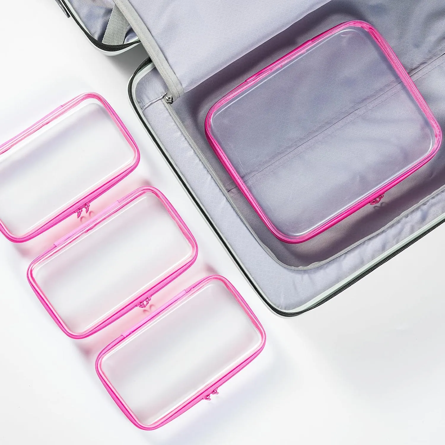 4 pcs Clear Hard Zipper Pouch Case for Storage, Stackable Waterproof Transparent CLear Zipper Bag, Toiletry Pouch, Travel Organizer, Clear Cosmetic Bag,Toy Storage Bins (M 3S Pink)