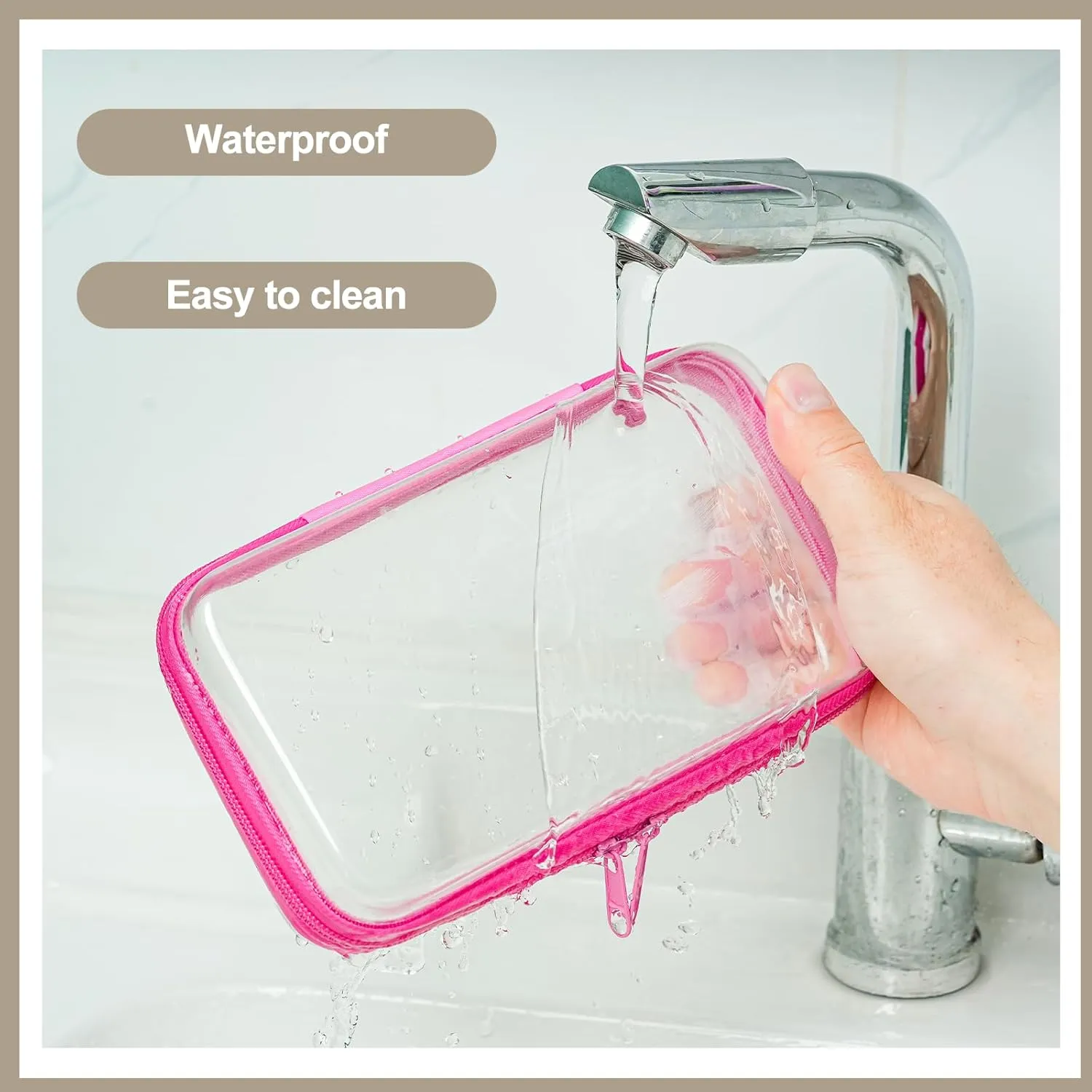 4 pcs Clear Hard Zipper Pouch Case for Storage, Stackable Waterproof Transparent CLear Zipper Bag, Toiletry Pouch, Travel Organizer, Clear Cosmetic Bag,Toy Storage Bins (M 3S Pink)