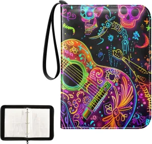 4 Pockets Trading Card Album Holder Book Folder Sports Card Binder Guitar Musical Scene 400 Double Side Pockets for 3 Ring Binder Zipper
