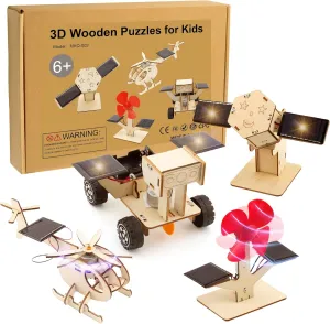 4 Set Solar-Power STEM Building Kits for Kids, DIY 3D Wood Puzzles Craft for Boys Girl Age 6-12, Educational Science Building Kit with 4 Different Models DIY Gift Toys for Christmas Birthday