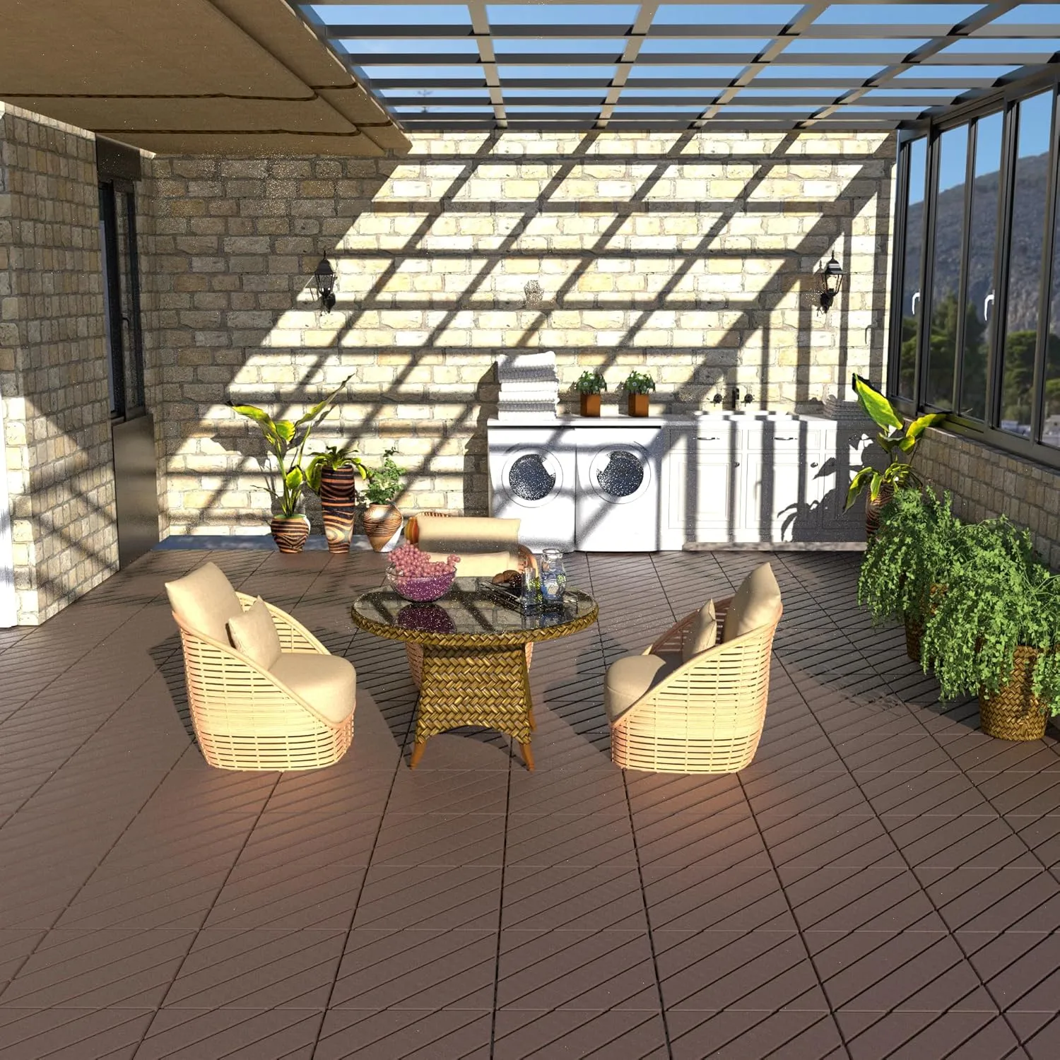44 PCS Plastic Interlocking Deck Tiles 12" x 12" Indoor Outdoor Waterproof DIY Installation Flooring All Weather Use for Balcony Backyard Garden & Poolside Brown