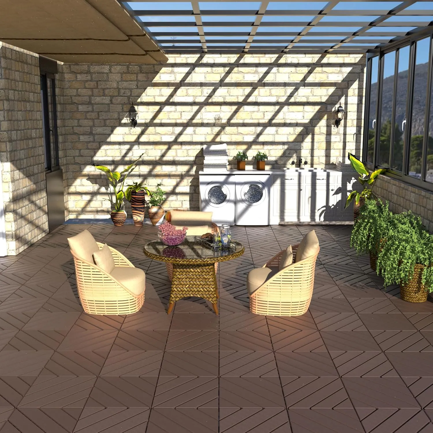 44 PCS Plastic Interlocking Deck Tiles 12" x 12" Indoor Outdoor Waterproof DIY Installation Flooring All Weather Use for Balcony Backyard Garden & Poolside Brown