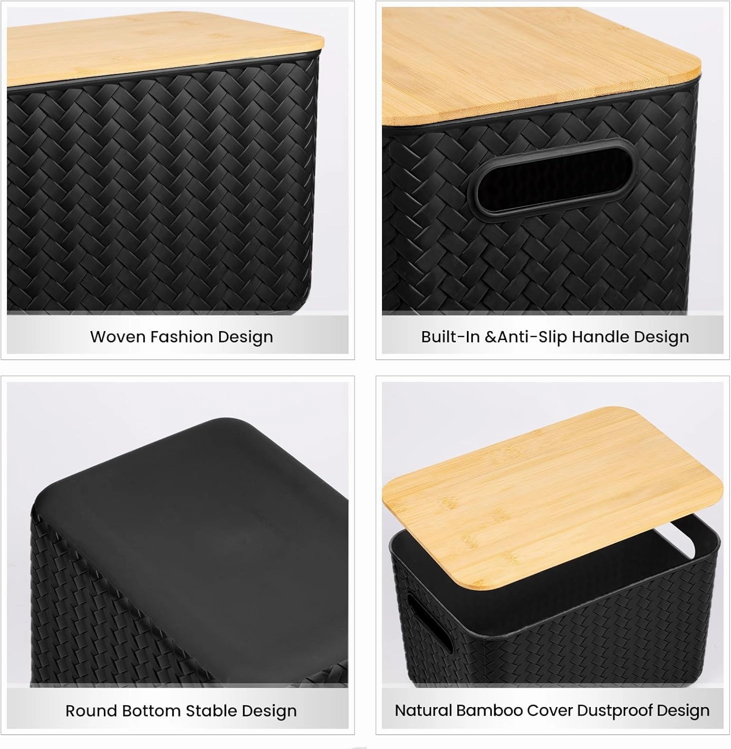 4 Packs Storage Bins with Bamboo Lids - Plastic Storage Containers with Lids Stackable Storage Box: Storages Baskets for Organizing Desktop Closet Playroom Classroom Office, Black