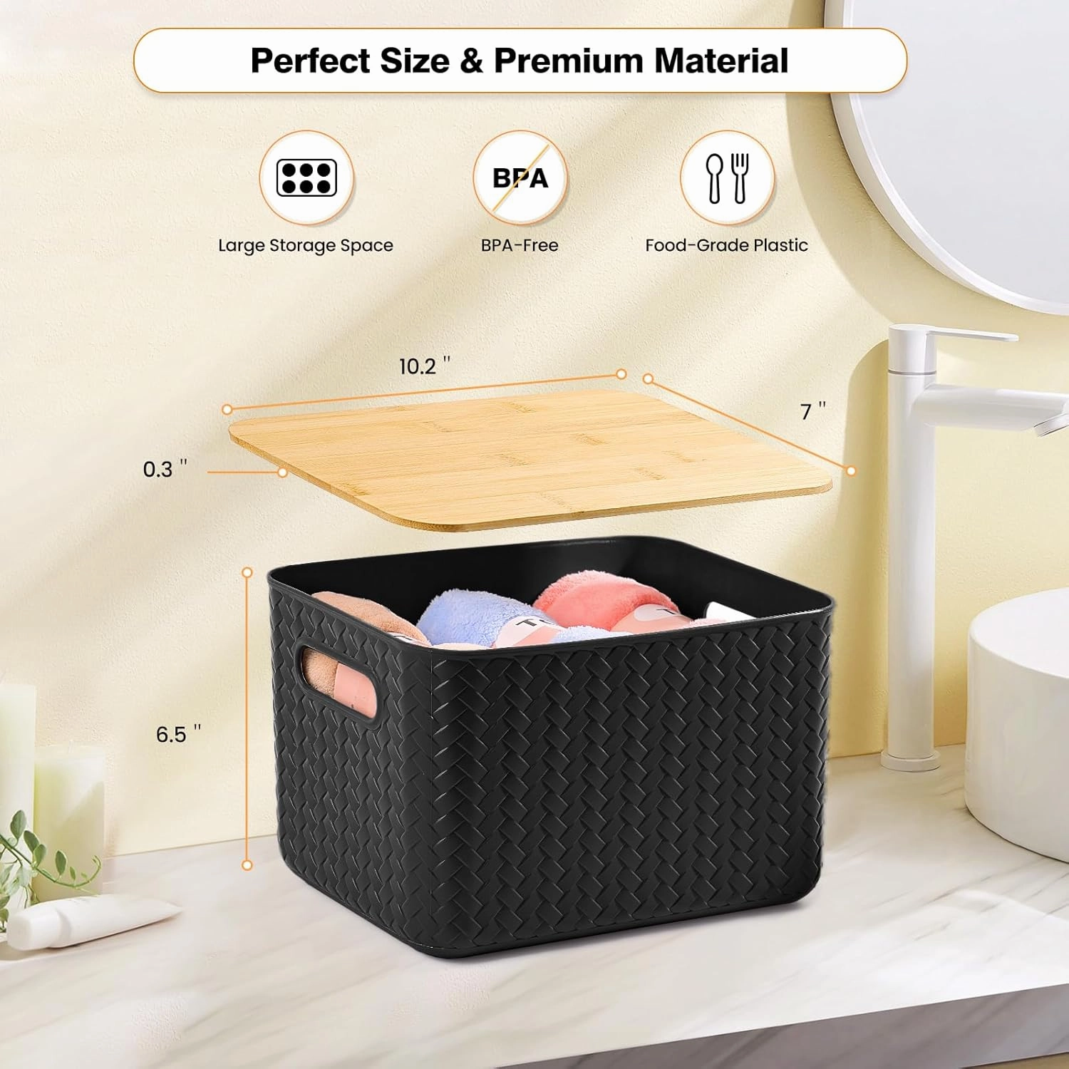 4 Packs Storage Bins with Bamboo Lids - Plastic Storage Containers with Lids Stackable Storage Box: Storages Baskets for Organizing Desktop Closet Playroom Classroom Office, Black