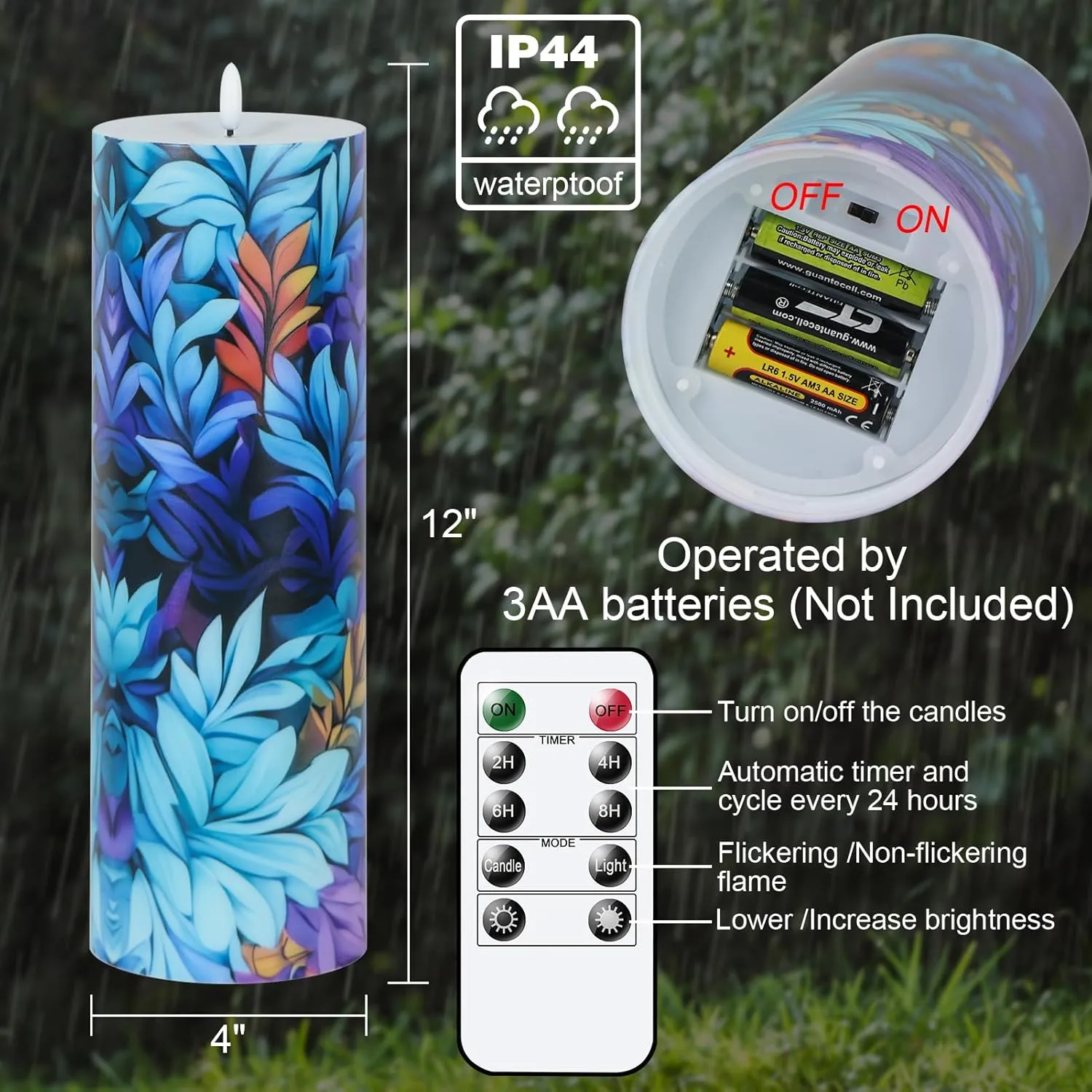 4" x 12" Large Waterproof Outdoor Flameless Pillar Candles with Remote Timer, Battery Operated Flickering Plastic LED Pillar Candles for Outdoor Larterns, Porch, Long Lasting, Pack of 1