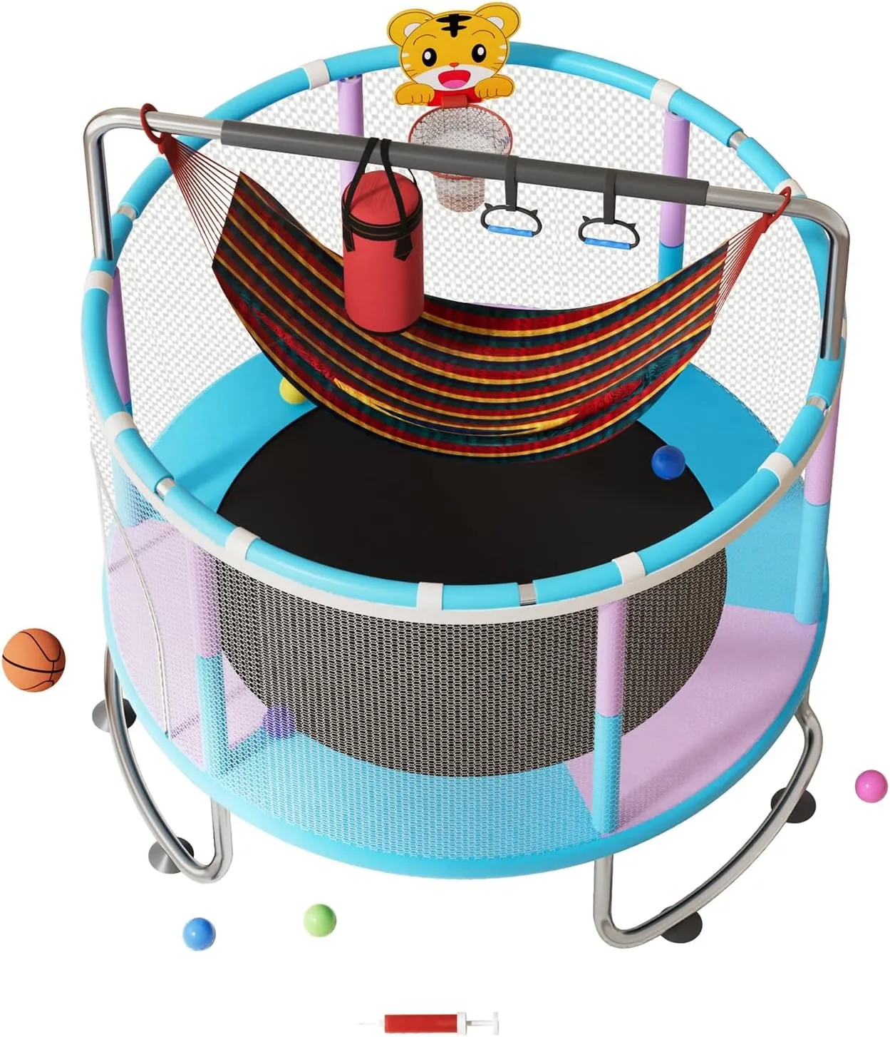 5 FT Trampoline for Kidsm,Adjustable Baby Trampoline with Basketball Hoop,Swing,Sandbag,Ocean Balls,Full Anti-Rust 440lbs Toddler Trampoline with Enclosure Net for Indoor Outdoor Blue 150CM
