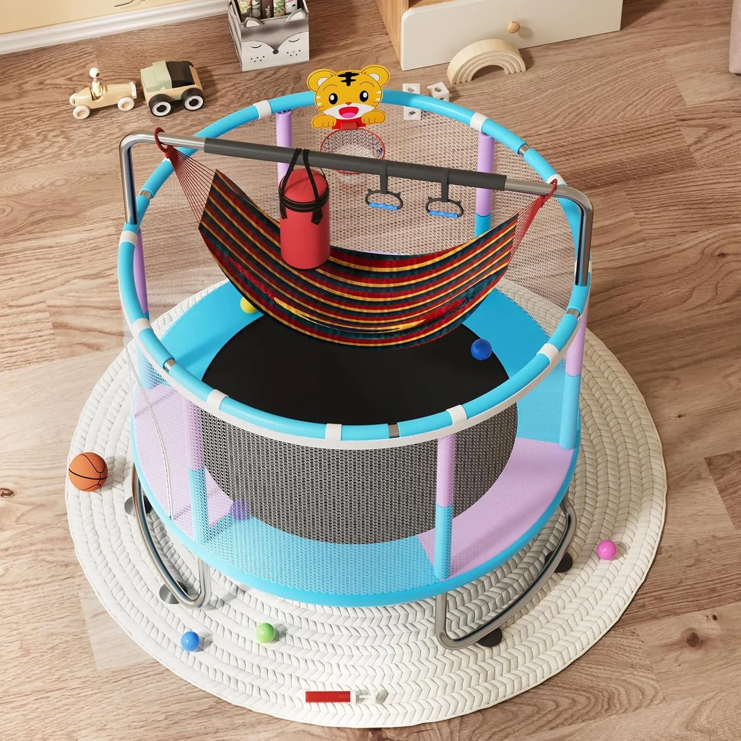 5 FT Trampoline for Kidsm,Adjustable Baby Trampoline with Basketball Hoop,Swing,Sandbag,Ocean Balls,Full Anti-Rust 440lbs Toddler Trampoline with Enclosure Net for Indoor Outdoor Blue 150CM