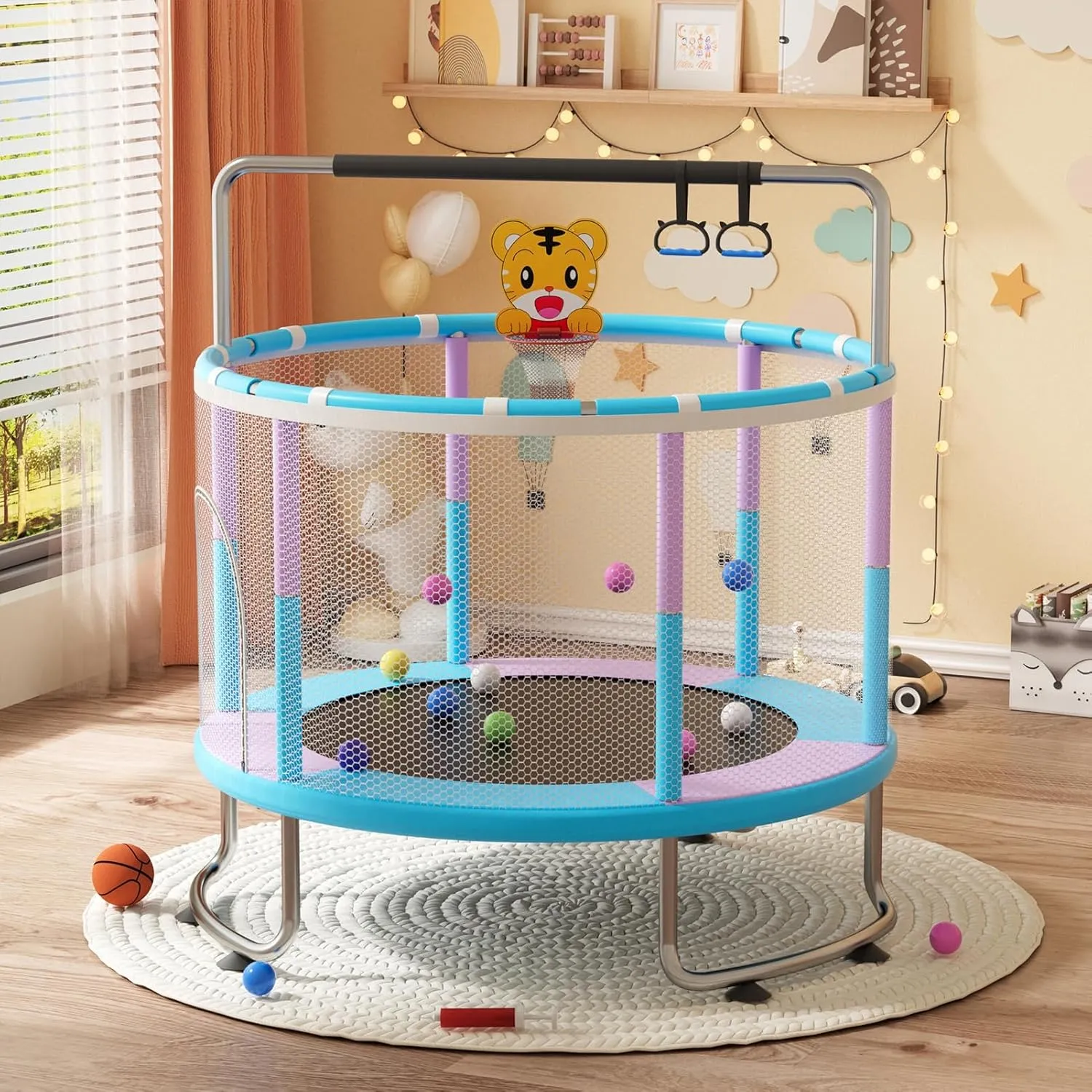 5 FT Trampoline for Kidsm,Adjustable Baby Trampoline with Basketball Hoop,Swing,Sandbag,Ocean Balls,Full Anti-Rust 440lbs Toddler Trampoline with Enclosure Net for Indoor Outdoor Blue 150CM