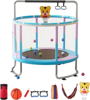 5 FT Trampoline for Kidsm,Adjustable Baby Trampoline with Basketball Hoop,Swing,Sandbag,Ocean Balls,Full Anti-Rust 440lbs Toddler Trampoline with Enclosure Net for Indoor Outdoor Blue 150CM