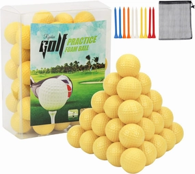 50 Packs Foam Golf Practice Balls - Realistic Feel and Long Lasting Limited Flight - Soft for Indoor or Outdoor Training, Multipurpose Nylon Drawstring Sack and 10 PCS Golf Tees