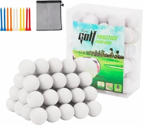 50 Packs Foam Golf Practice Balls - Realistic Feel and Long Lasting Limited Flight - Soft for Indoor or Outdoor Training, Multipurpose Nylon Drawstring Sack and 10 PCS Golf Tees