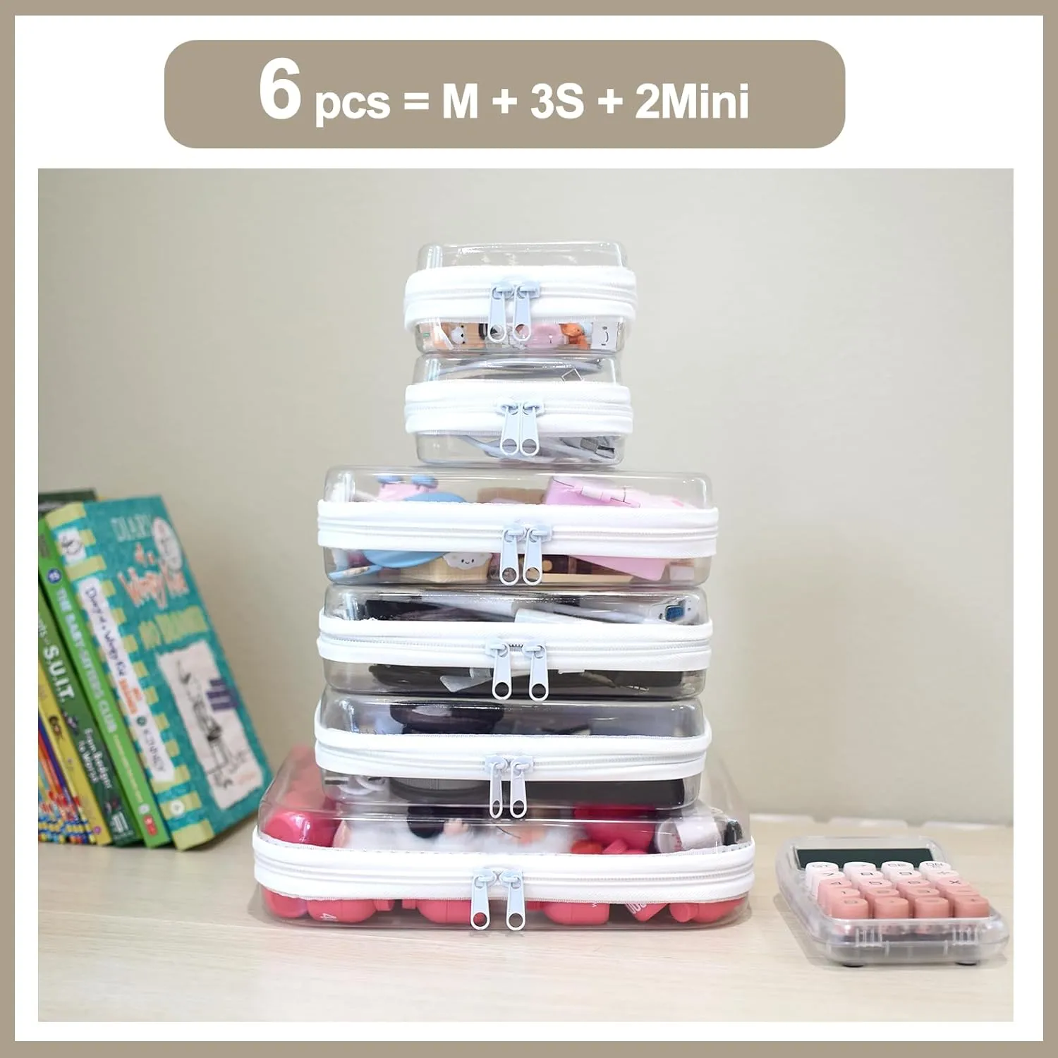 6 pcs Clear Hard Zipper Pouch Case for Storage, Stackable Waterproof Transparent CLear Zipper Bag, Toiletry Pouch, Travel Organizer, Clear Cosmetic Bag,Toy Storage Bins (M 3S 2Mini)