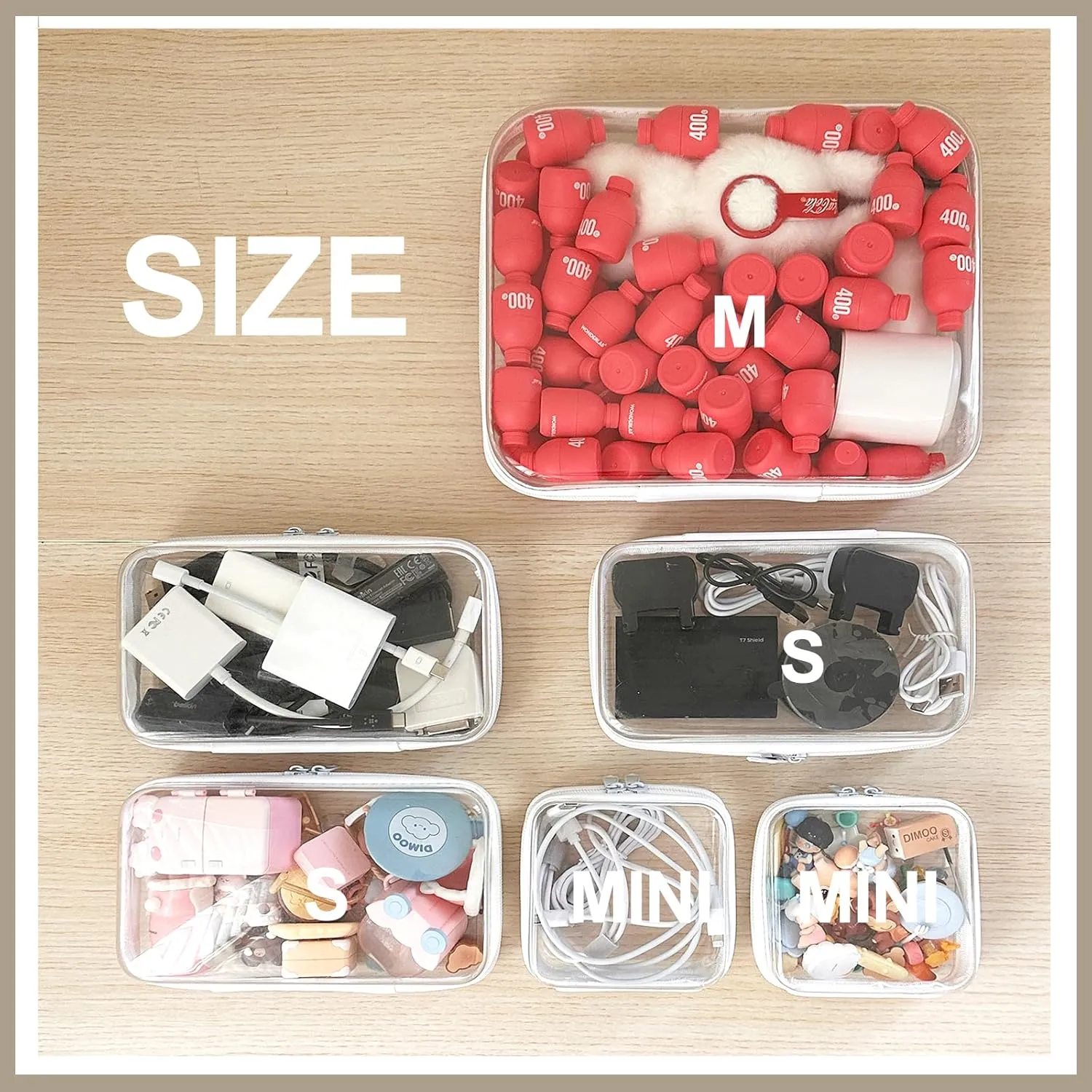 6 pcs Clear Hard Zipper Pouch Case for Storage, Stackable Waterproof Transparent CLear Zipper Bag, Toiletry Pouch, Travel Organizer, Clear Cosmetic Bag,Toy Storage Bins (M 3S 2Mini)