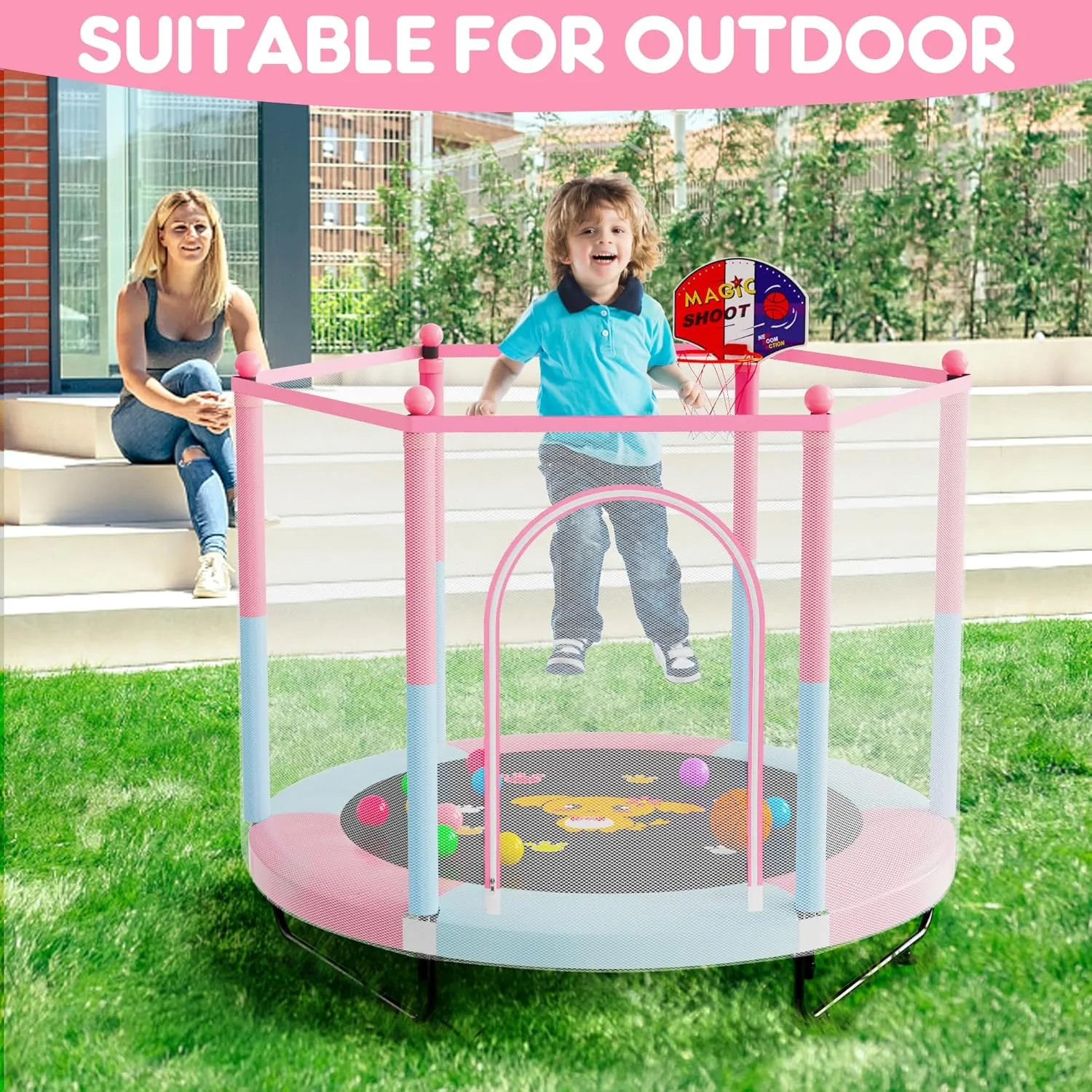 60" Trampoline for Kids, 5 FT Indoor & Outdoor Toddler Baby Trampoline with Basketball Hoop, Safety Enclosure, Birthday Gifts for Kids, Gifts for Boy and Girl, Age 3-8