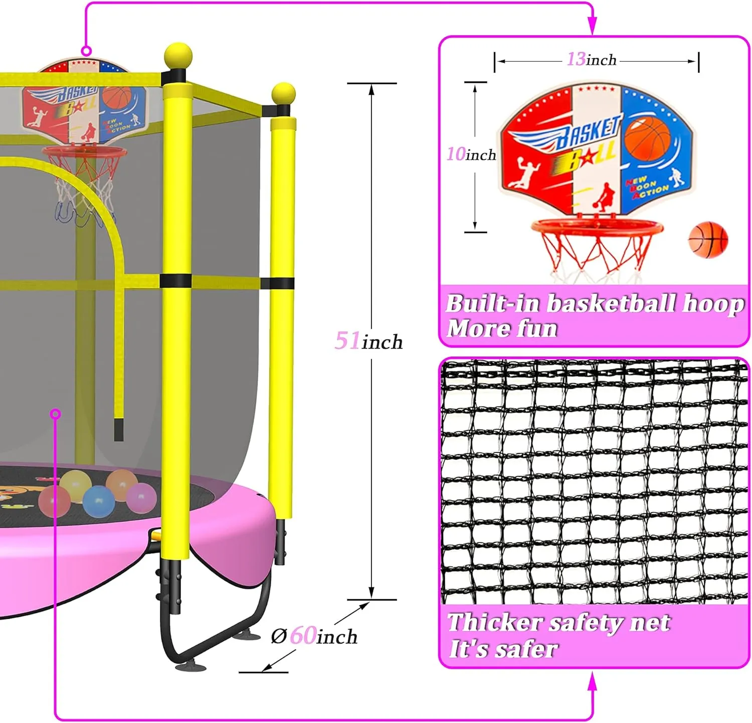 60" Trampoline for Kids, 5 FT Indoor & Outdoor Toddler Baby Trampoline with Basketball Hoop, Safety Enclosure, Birthday Gifts for Kids, Gifts for Boy and Girl, Age 3-8
