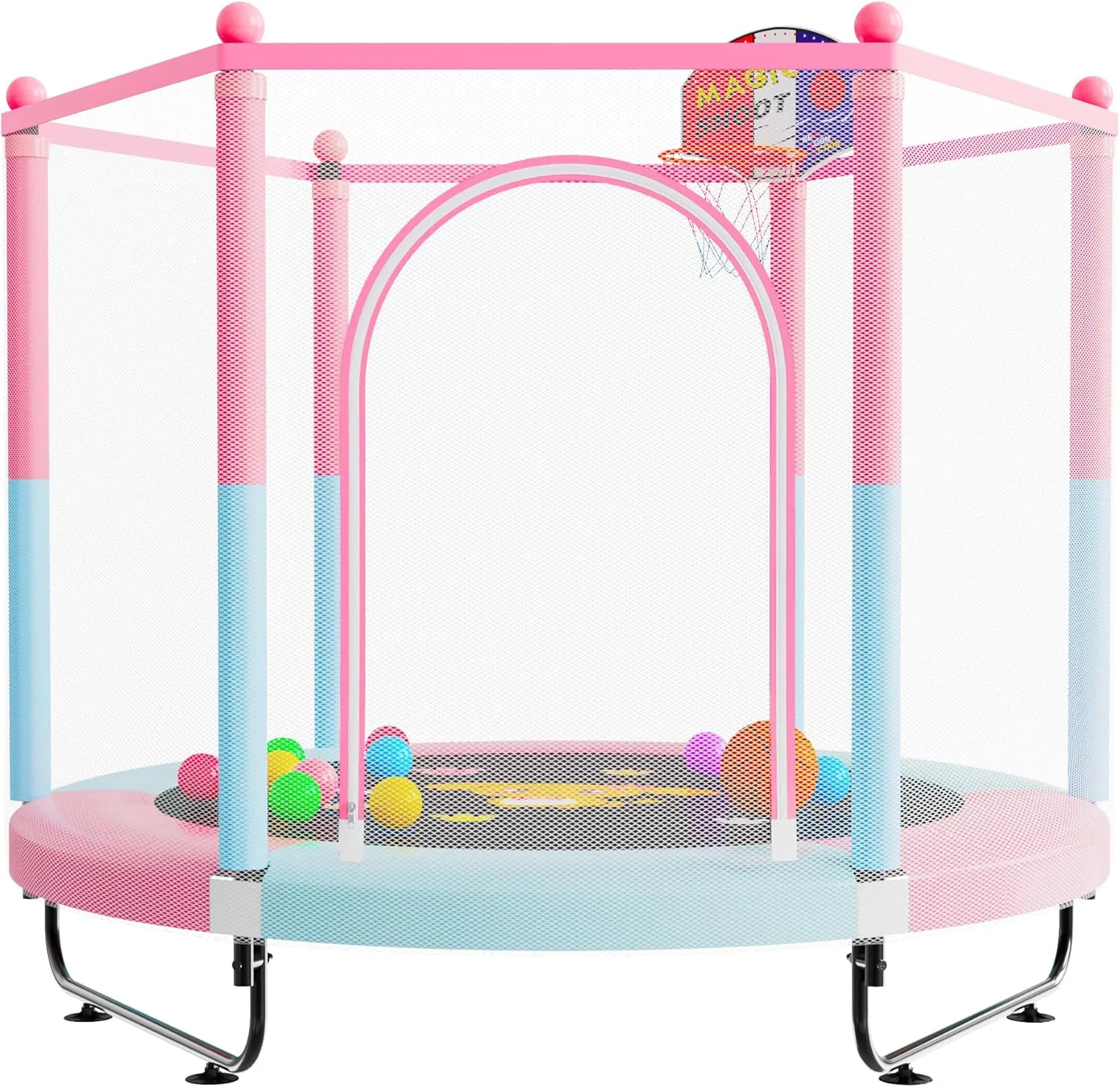60" Trampoline for Kids, 5 FT Indoor & Outdoor Toddler Baby Trampoline with Basketball Hoop, Safety Enclosure, Birthday Gifts for Kids, Gifts for Boy and Girl, Age 3-8