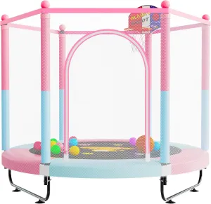 60" Trampoline for Kids, 5 FT Indoor & Outdoor Toddler Baby Trampoline with Basketball Hoop, Safety Enclosure, Birthday Gifts for Kids, Gifts for Boy and Girl, Age 3-8