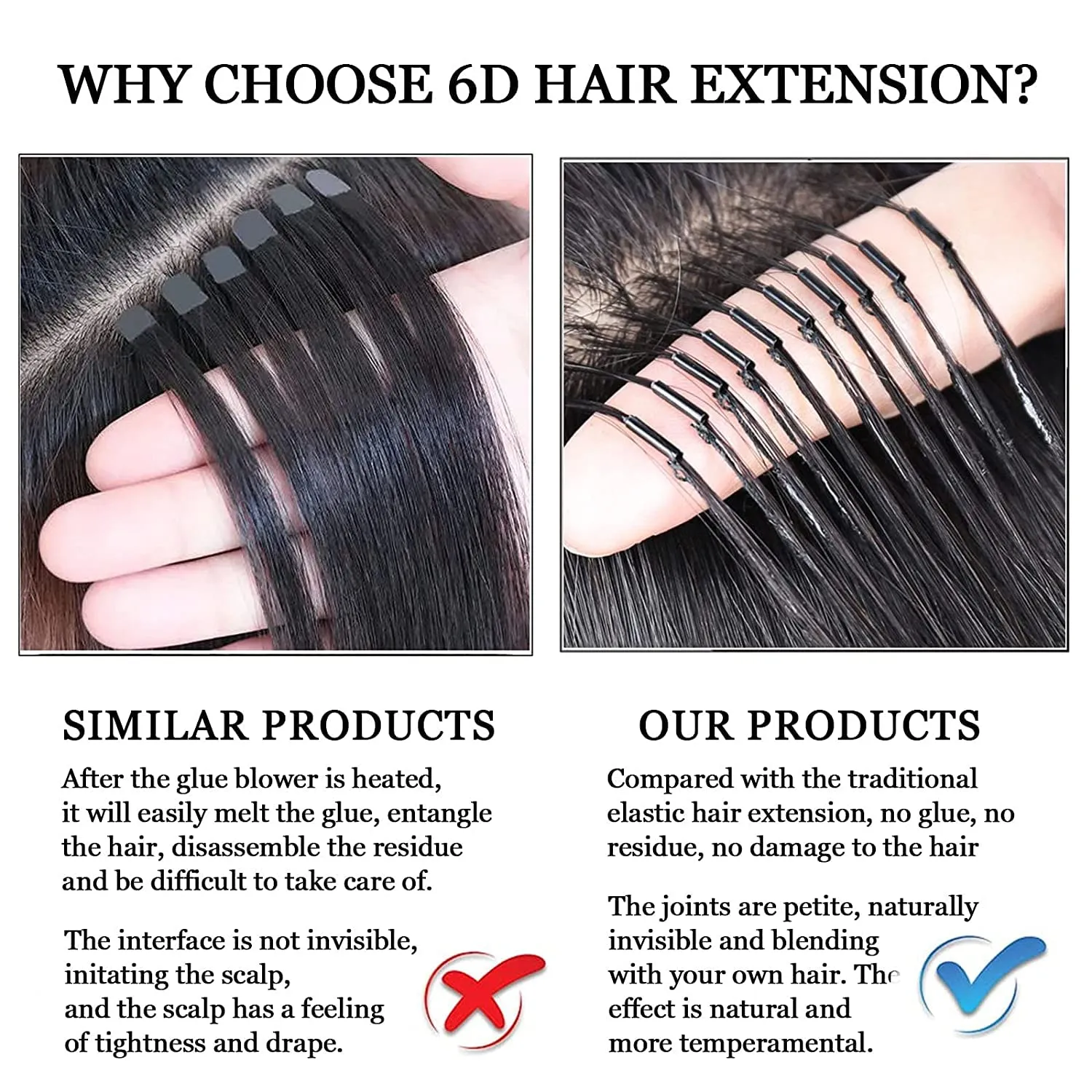 6D Hair Extensions Human Hair 20inch 6D No-Trace Hair Extension 100% Real Human Hair 1 Rows of 5 Bundles 6D Human Hair for Women Girls(2nd Generation)
