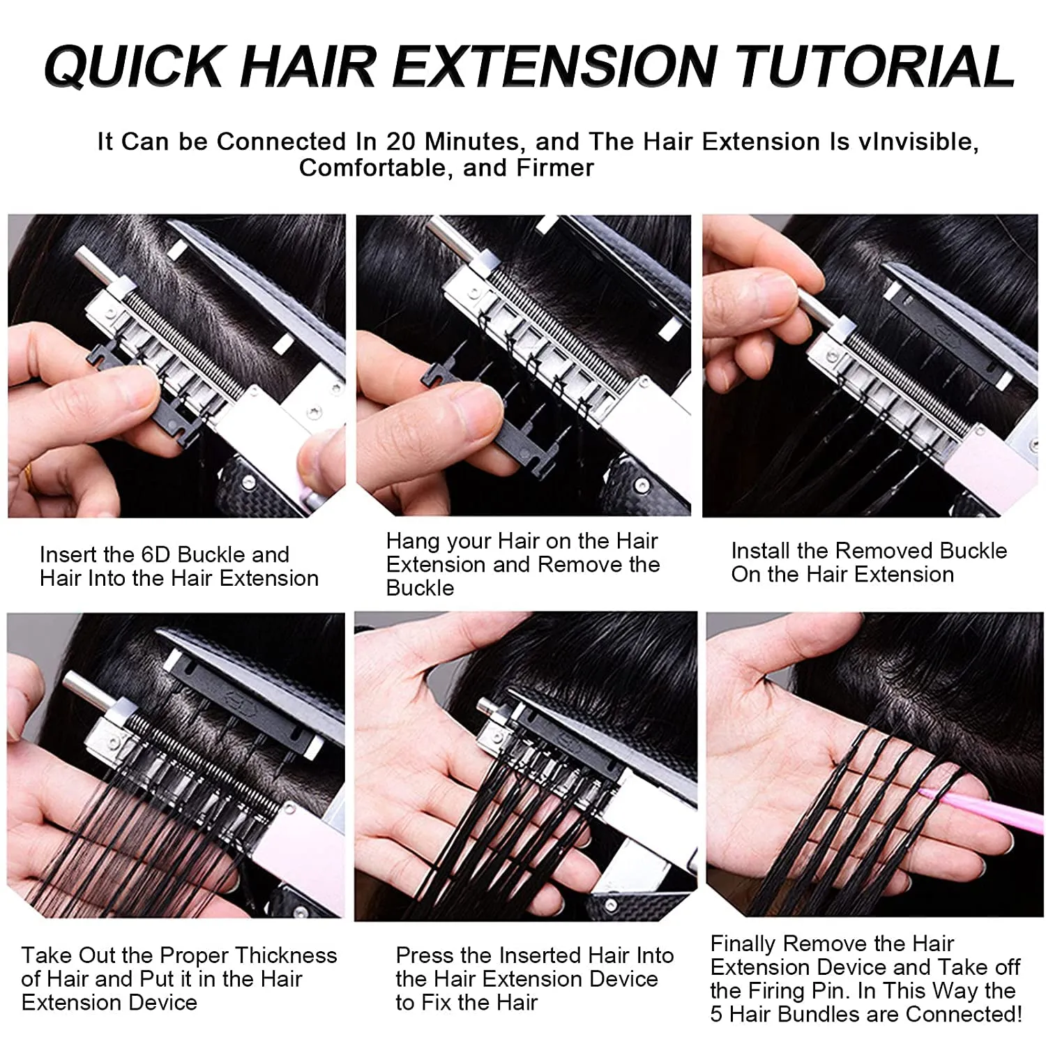 6D Hair Extensions Human Hair 20inch 6D No-Trace Hair Extension 100% Real Human Hair 1 Rows of 5 Bundles 6D Human Hair for Women Girls(2nd Generation)