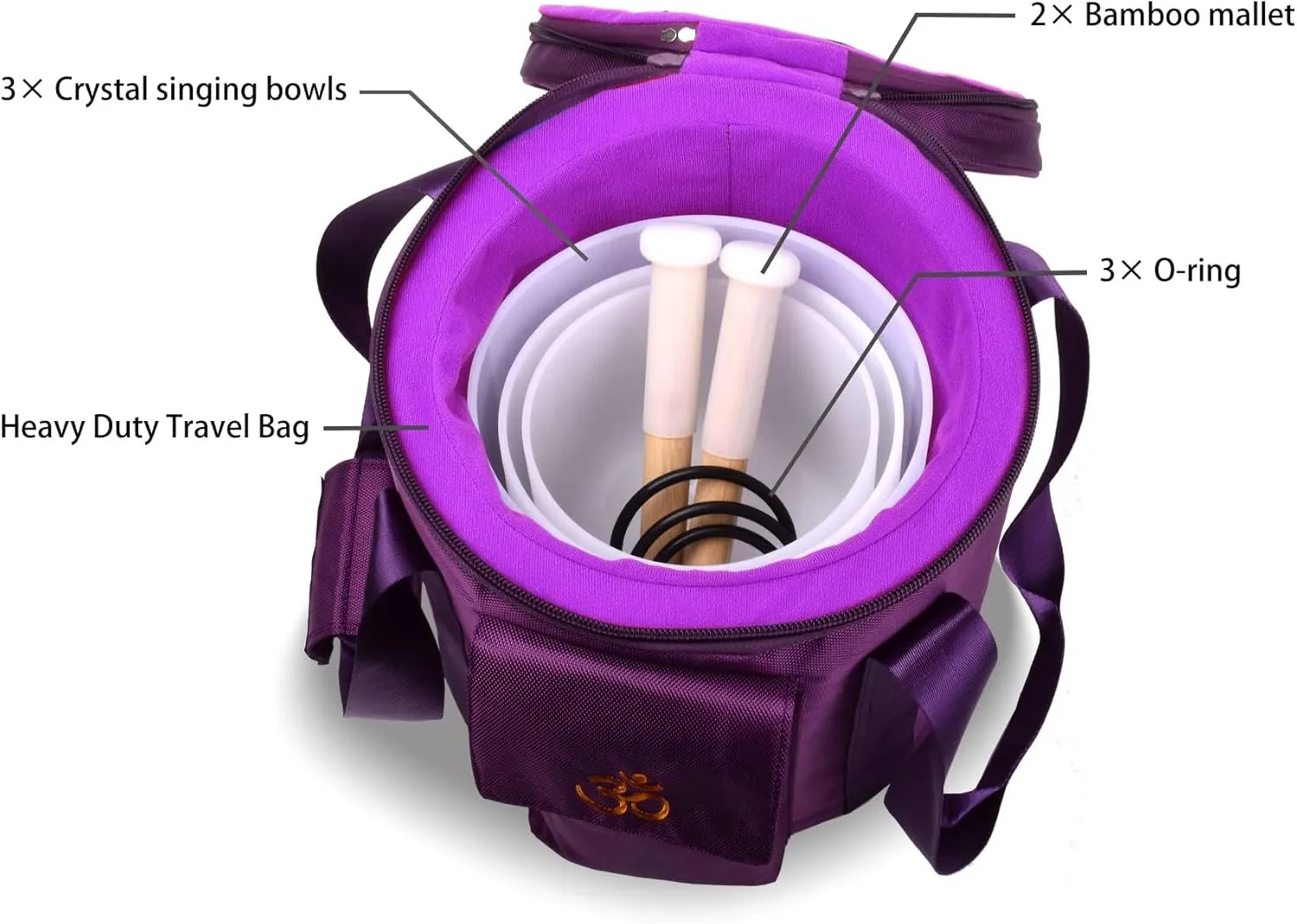 7inch 8inch 9inch Crystal singing bowls set sound bowl for healing Mindfulness, Meditation, Yoga, Spiritual and Body Healing Chakra Bowl (7G 8F 9D, 7inch 8inch 9inch with Travel bag)