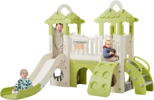 8-in-1 Jungle Slide, Indoor Outdoor Toddler Playset with Basketball Hoop, Telescope and Climbing Wall, Tree House Design Baby Slide Playset for Toddlers 1 