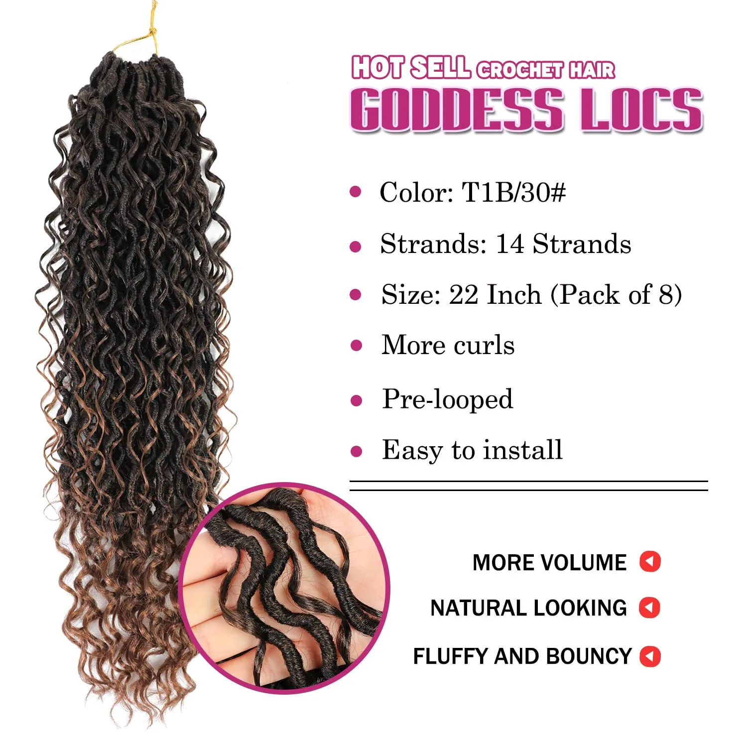 8 Packs Goddess Faux Locs Crochet Hair for Black Women, Long Goddess Locs Crochet Hair, Boho Style Locs, River Hair with Curly Ends (22Inch, T30#, 8Packs)