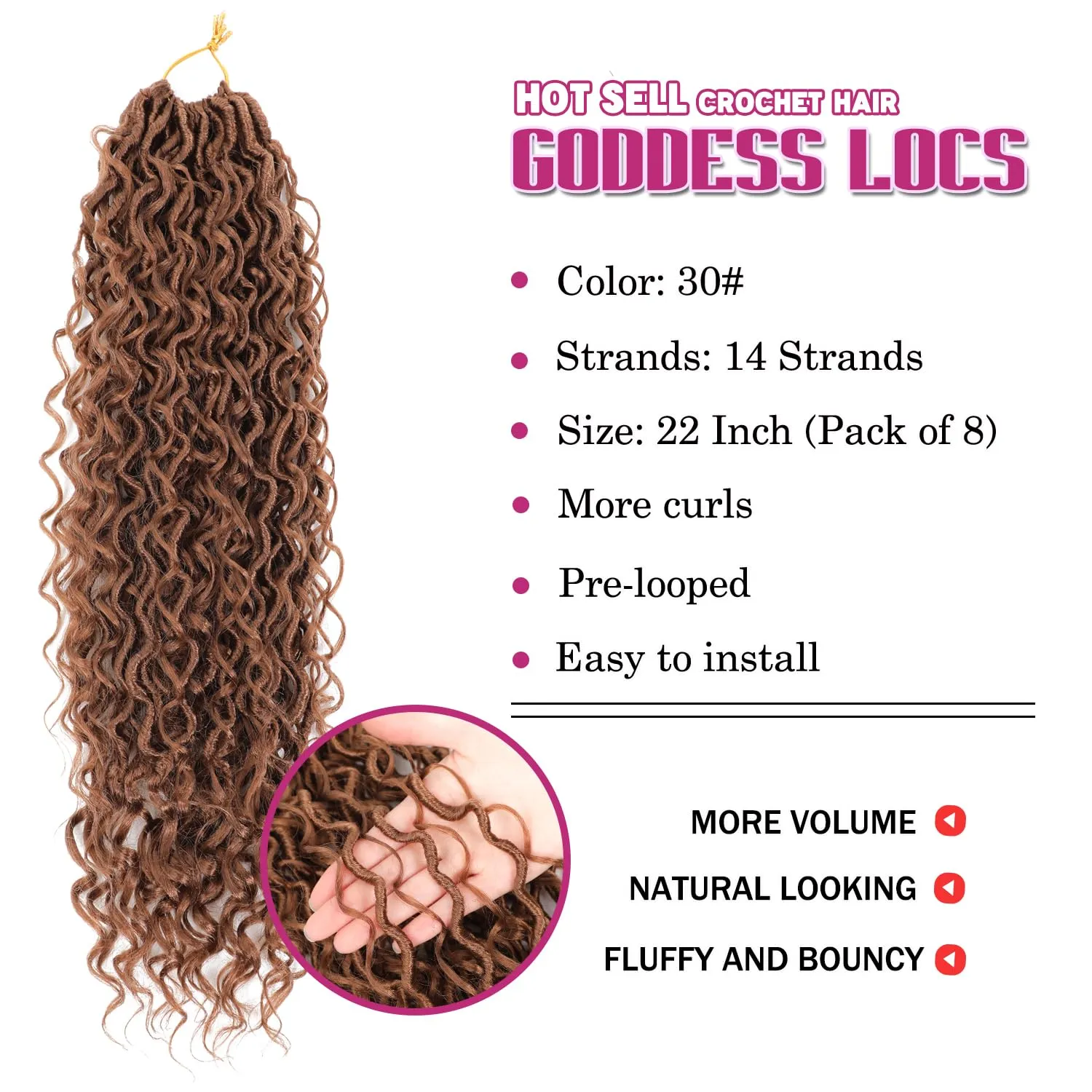 8 Packs Goddess Faux Locs Crochet Hair for Black Women, Long Goddess Locs Crochet Hair, Boho Style Locs, River Locs with Curly Ends (22Inch, 30#, 8Packs)