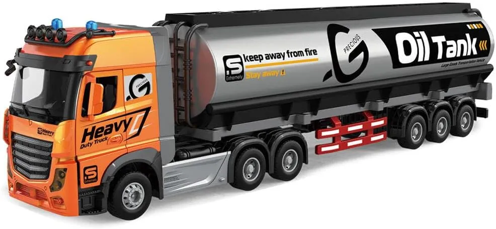 9 Channel RC Semi Truck with Trailer Metal Cab 2.4Ghz Container with Lights and Sounds, Birthday Gift for Kids Boys 18.5" (Oil Tanker)