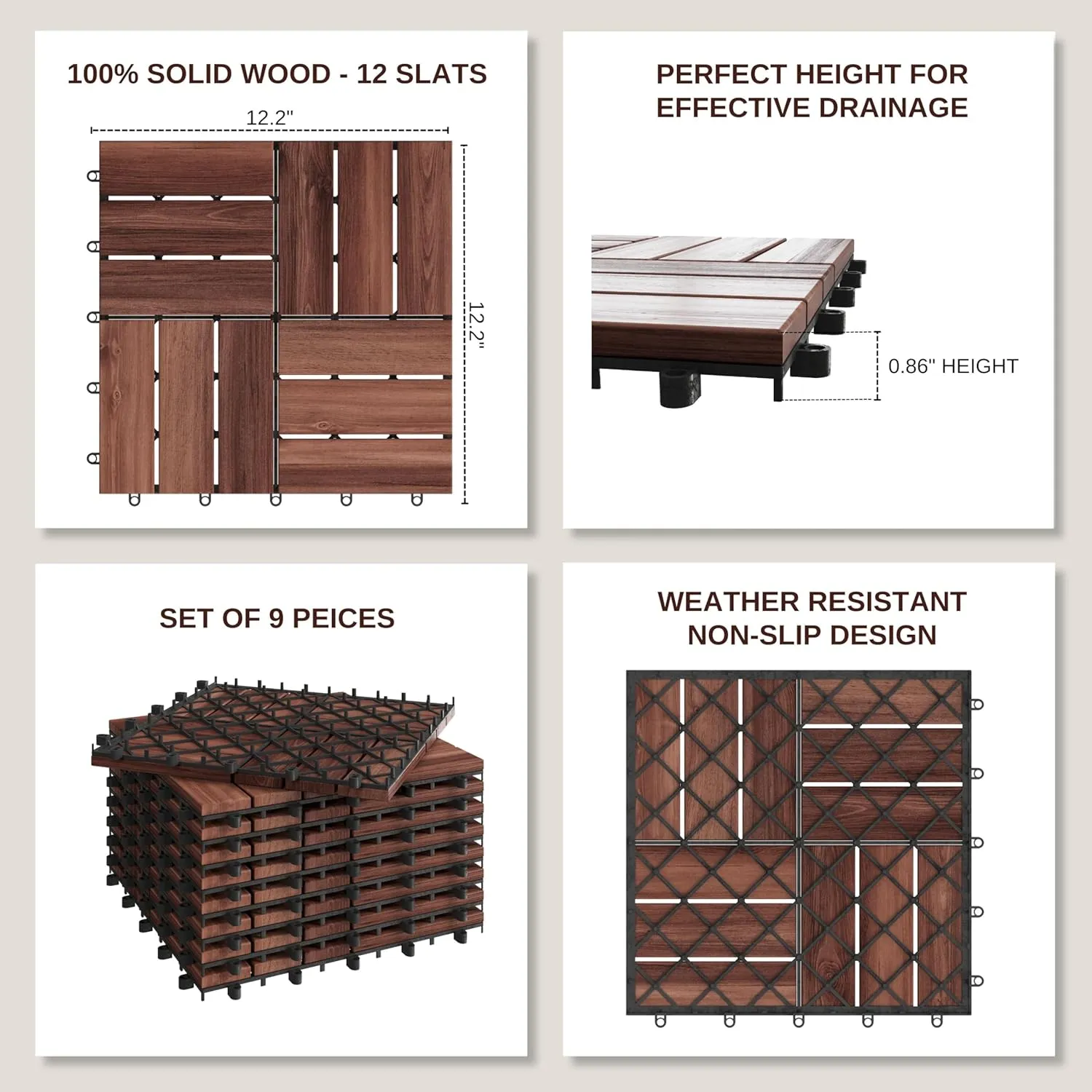 9 PCS Interlocking Deck Tiles 12" x 12"- Acacia Wood Tiles for Indoor & Outdoor Use, Drainage, Non Slip, Easy Installation - Patio Flooring for Balcony, Backyard, and Garden (Brown)