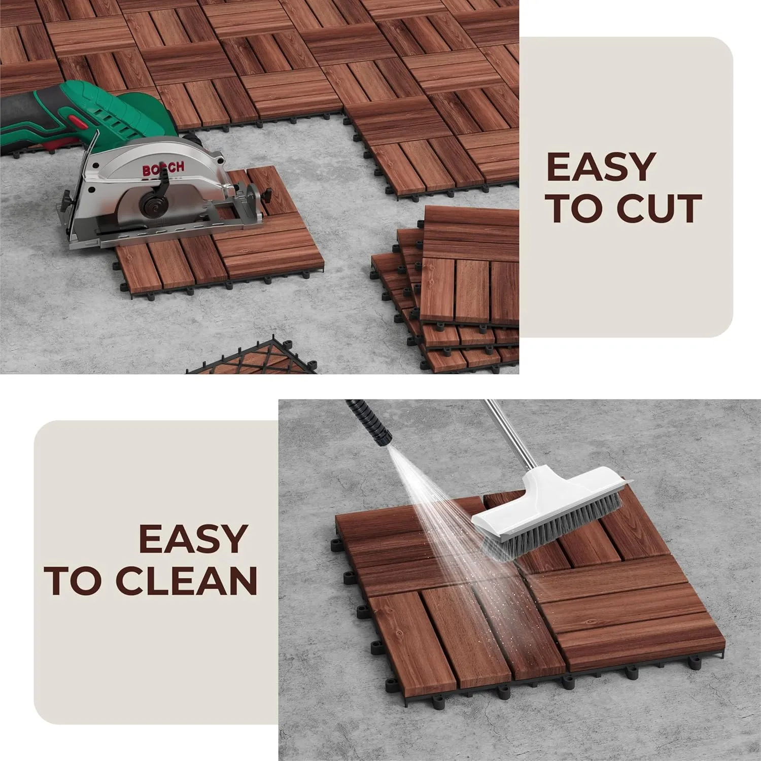9 PCS Interlocking Deck Tiles 12" x 12"- Acacia Wood Tiles for Indoor & Outdoor Use, Drainage, Non Slip, Easy Installation - Patio Flooring for Balcony, Backyard, and Garden (Brown)