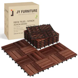 9 PCS Interlocking Deck Tiles 12" x 12"- Acacia Wood Tiles for Indoor & Outdoor Use, Drainage, Non Slip, Easy Installation - Patio Flooring for Balcony, Backyard, and Garden (Brown)