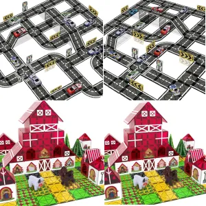 94PCS-Magnetic Tiles Road Set with Pullback Car Magnetic Tiles Farm Animal Toy Set with Interactive Cow & Horse,Magnetic Building Blocks for Kids Ages 3-5 4-8 5-7, Magnet Tiles Educational STEM Toy fo