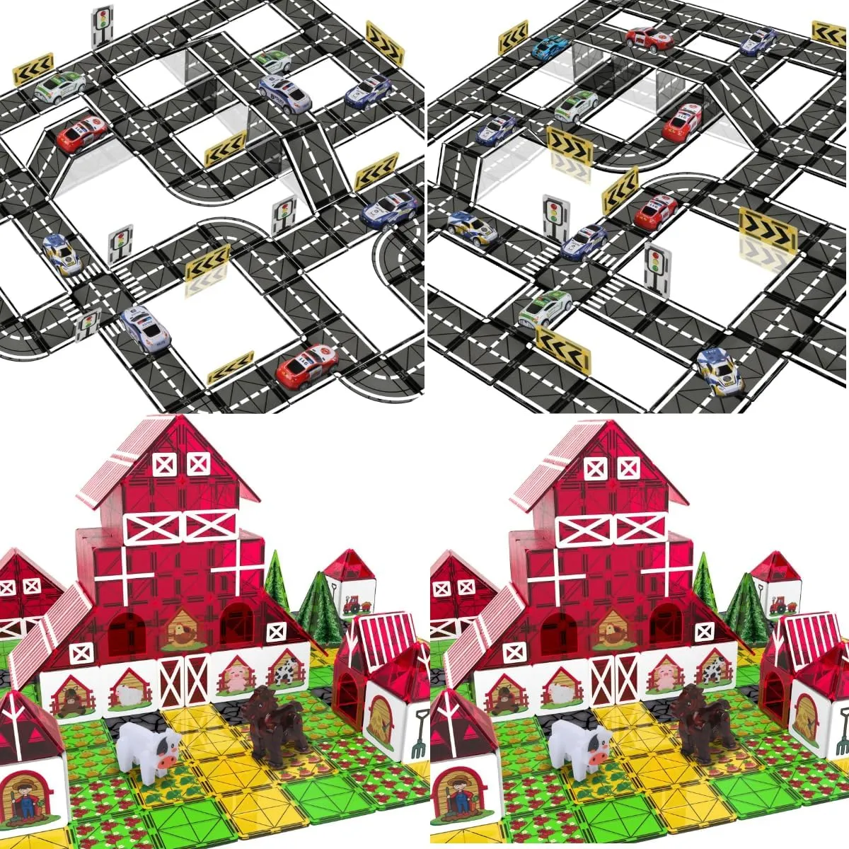 94PCS-Magnetic Tiles Road Set with Pullback Car Magnetic Tiles Farm Animal Toy Set with Interactive Cow & Horse,Magnetic Building Blocks for Kids Ages 3-5 4-8 5-7, Magnet Tiles Educational STEM Toy fo