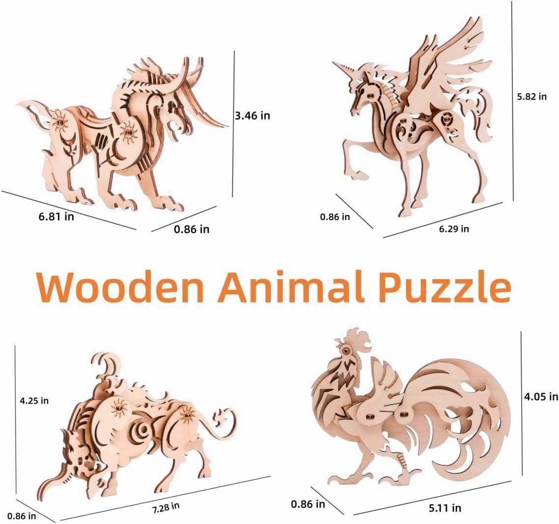 (5pcs) 3D Wooden Puzzle Animal Assemble Crafts Model Kit Wooden Animals Puzzle STEM DIY Brain Teaser to Adults Teens Boys Girls Gift (Animal)