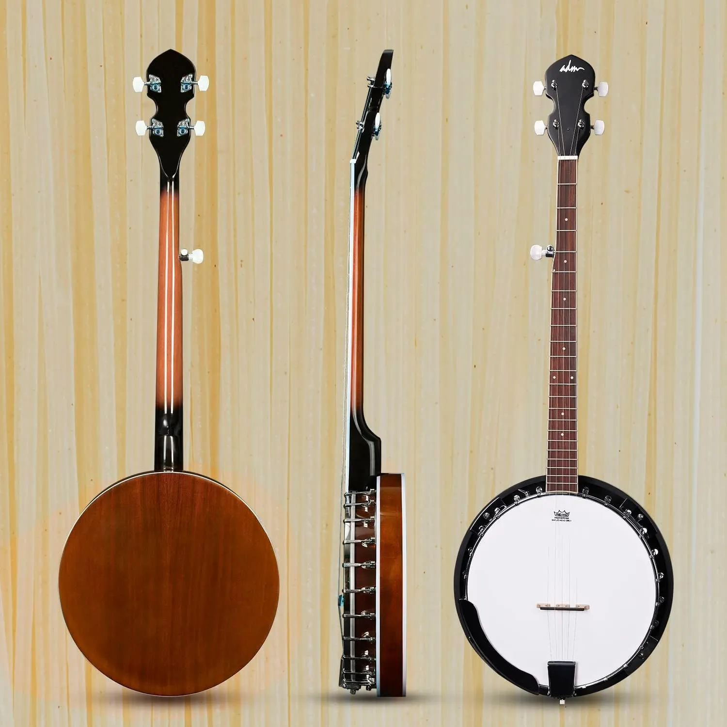 ADM Banjo 5 String Full Size Banjoes Set, 38 Inch Beginner Banjo Kit with Resonator, Remo Drum Head, Open or Closed Back, Gift Package Free Lessons Starter Accessories for Adults Teenager, Brown
