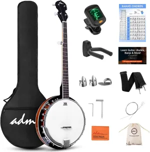 ADM Banjo 5 String Full Size Banjoes Set, 38 Inch Beginner Banjo Kit with Resonator, Remo Drum Head, Open or Closed Back, Gift Package Free Lessons Starter Accessories for Adults Teenager, Brown