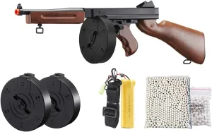 Airsoft Tommy Thompson Submachine Gun WW2 Chicago Typewriter Full Auto Electric SMG AEG with Extra Drum Magazines, Battery and Charger