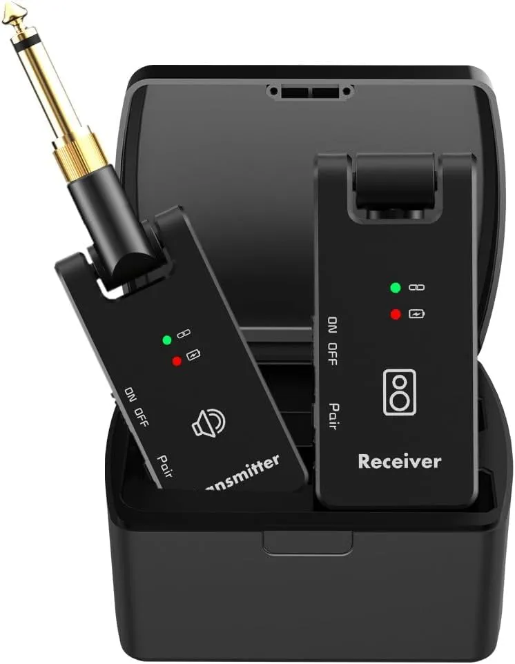 AITONE Wireless Guitar System 2.4 Ghz Guitar Bass Transmitter and Receiver with Battery Case for 6.35mm 3.5mm Mono Audio Electric Music Instruments (WP8)