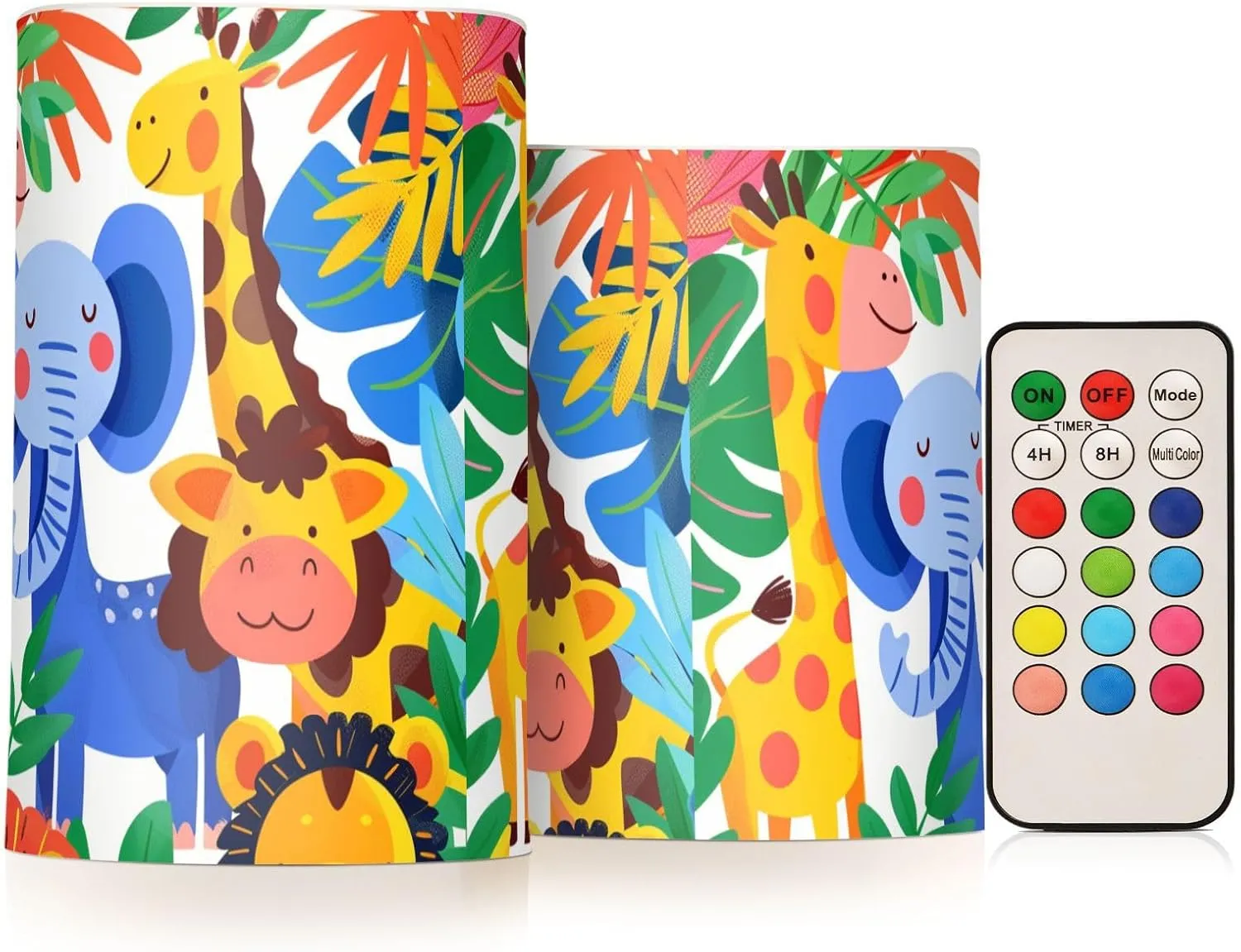 ALAZA Flickering Flameless Candles Zoo Animals Doodle Battery Operated Candles with Remote Timer LED Pillar Votive Candles Set of 2 for Holiday Decor