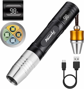 Alonefire SV124 EDC Flashlight Mini 365nm/395nm UV Blacklight, Yellow and White Light Digital Display USB C Rechargeable Pet Urine Detector for Rocks Gemstone with Little Focusing Tip,Built-in Battery